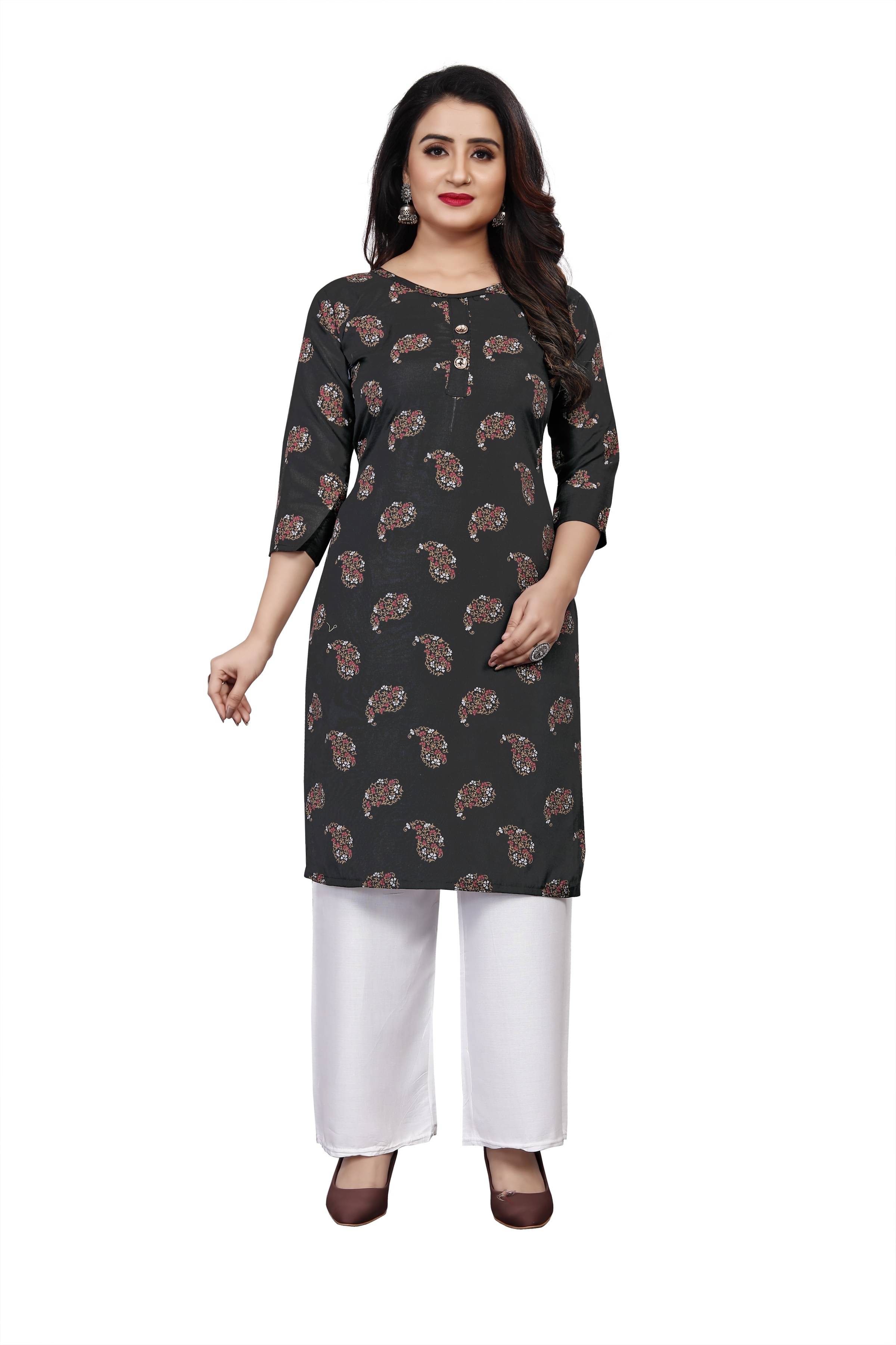    			RUNAYA NX Pack of 1 Viscose Rayon Printed A-line Women's Kurti - ( Black )