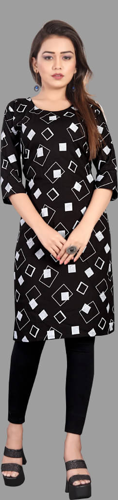 RUNAYA NX Pack of 1 Viscose Rayon Printed A-line Women's Kurti - ( Black ) RUNAYA NX Pack of 1 Viscose Rayon Printed A-line Women's Kurti - ( Black )