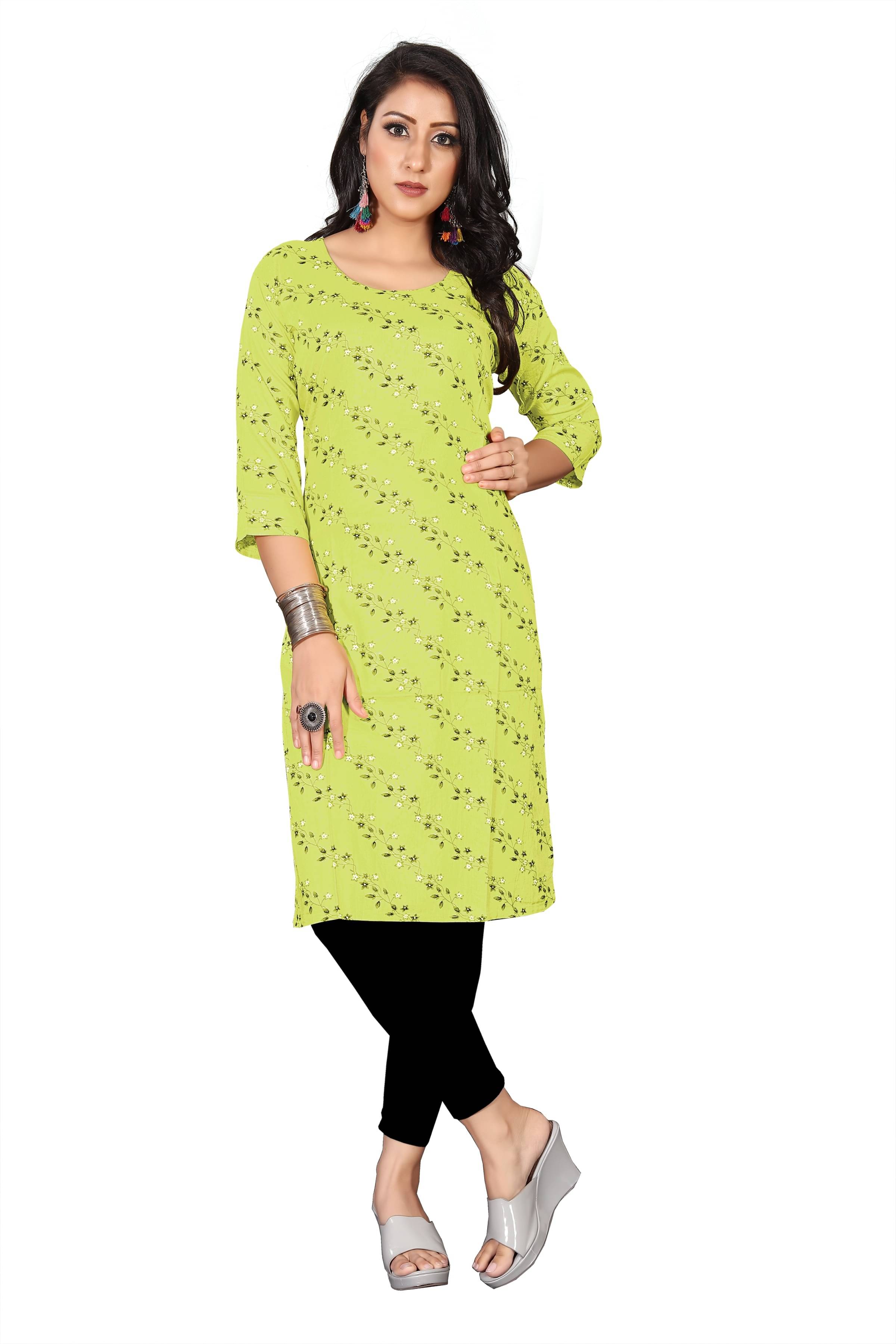RUNAYA NX Pack of 1 Viscose Rayon Printed Straight Women's Kurti - ( Green ) RUNAYA NX Pack of 1 Viscose Rayon Printed Straight Women's Kurti - ( Green )