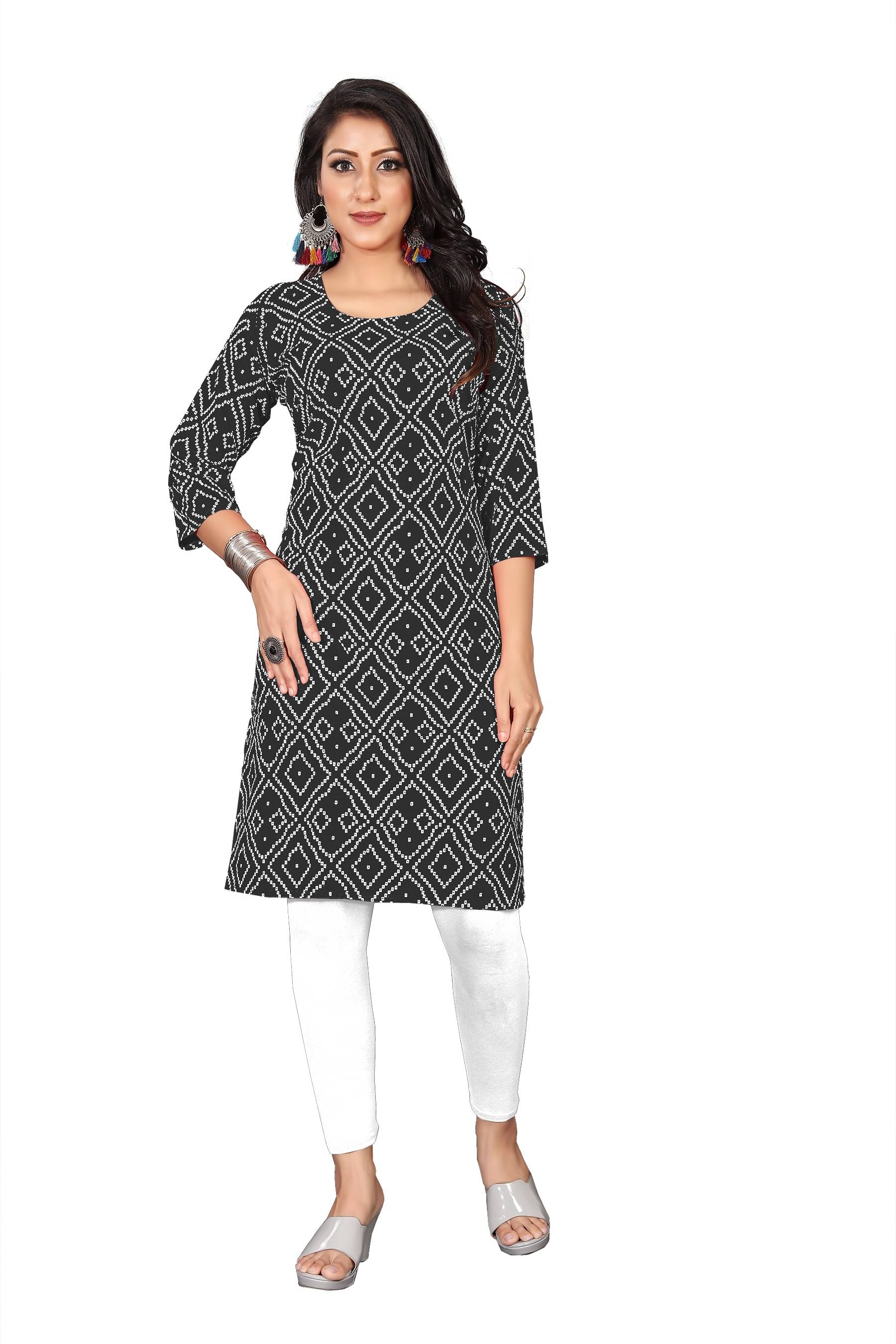 RUNAYA NX Pack of 1 Viscose Rayon Printed Straight Women's Kurti - ( Black ) RUNAYA NX Pack of 1 Viscose Rayon Printed Straight Women's Kurti - ( Black )