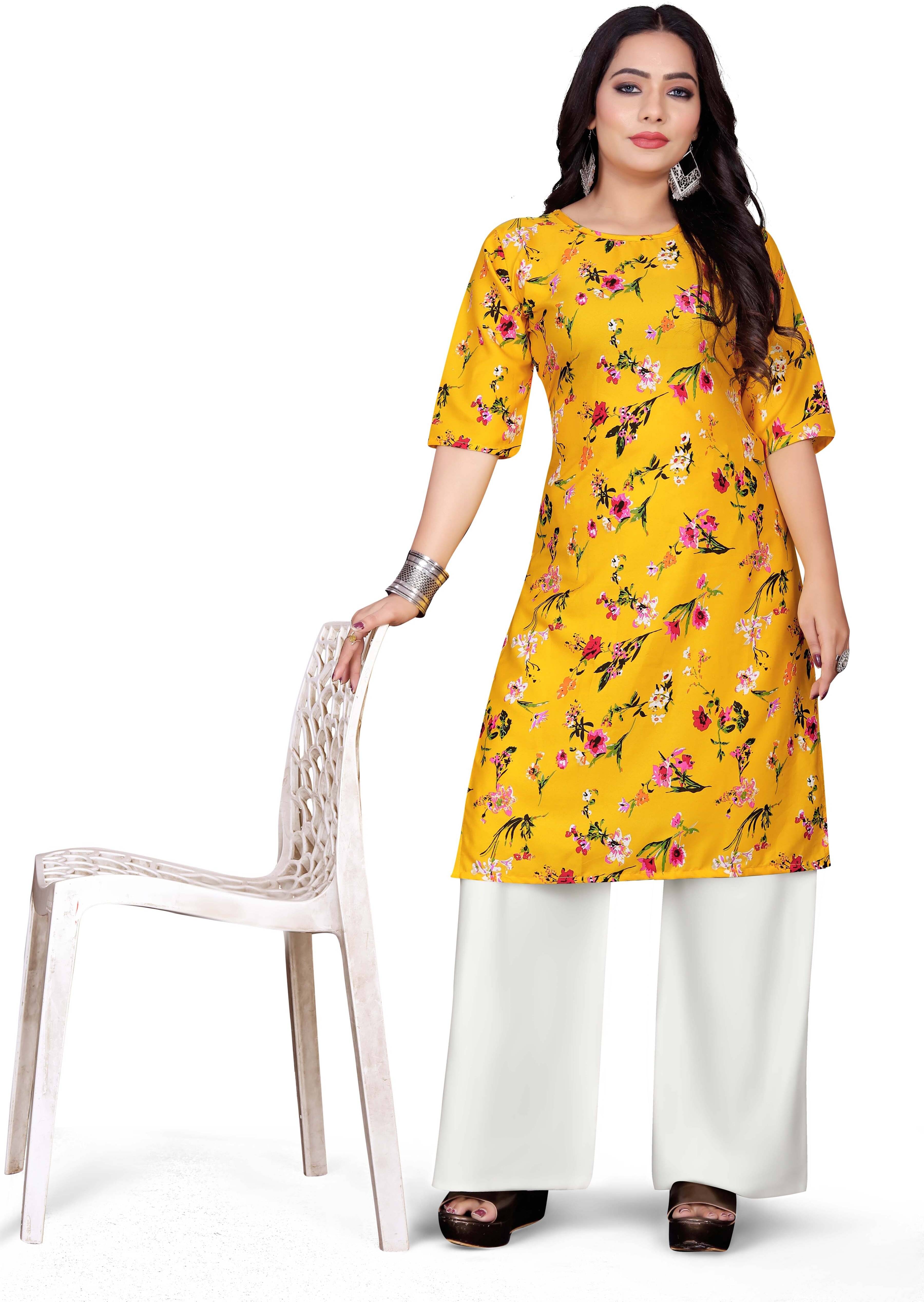 RUNAYA NX Pack of 1 Viscose Rayon Printed A-line Women's Kurti - ( Yellow ) RUNAYA NX Pack of 1 Viscose Rayon Printed A-line Women's Kurti - ( Yellow )