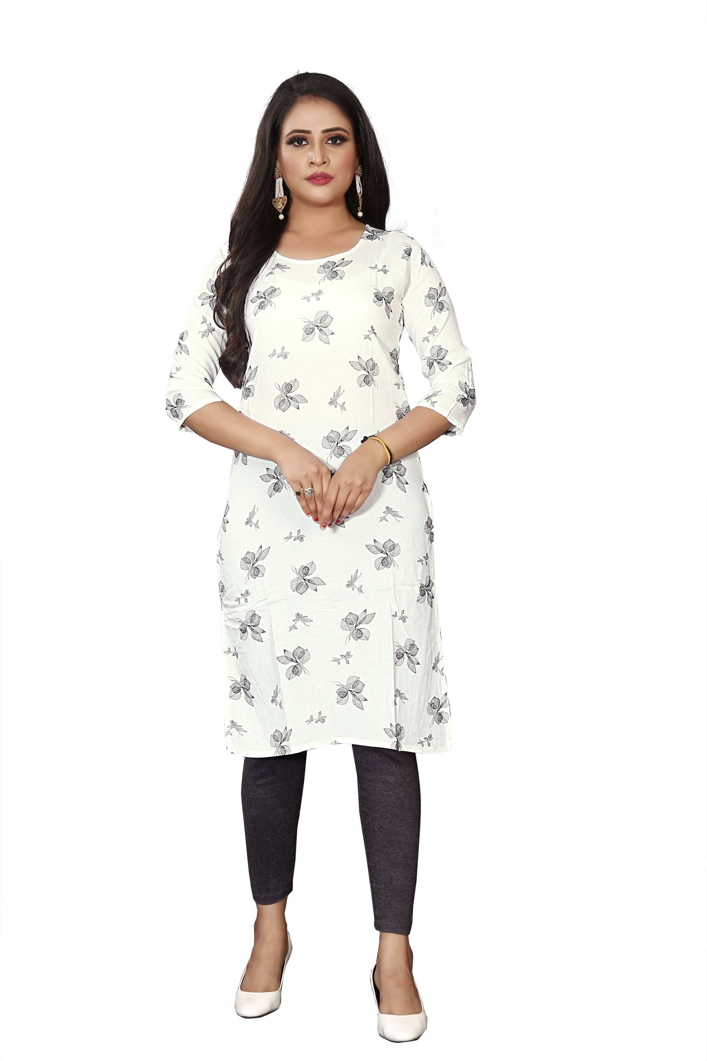 RUNAYA NX Pack of 1 Viscose Rayon Printed A-line Women's Kurti - ( White ) RUNAYA NX Pack of 1 Viscose Rayon Printed A-line Women's Kurti - ( White )