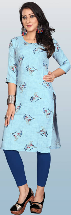 RUNAYA NX Pack of 1 Viscose Rayon Printed A-line Women's Kurti - ( Blue ) RUNAYA NX Pack of 1 Viscose Rayon Printed A-line Women's Kurti - ( Blue )