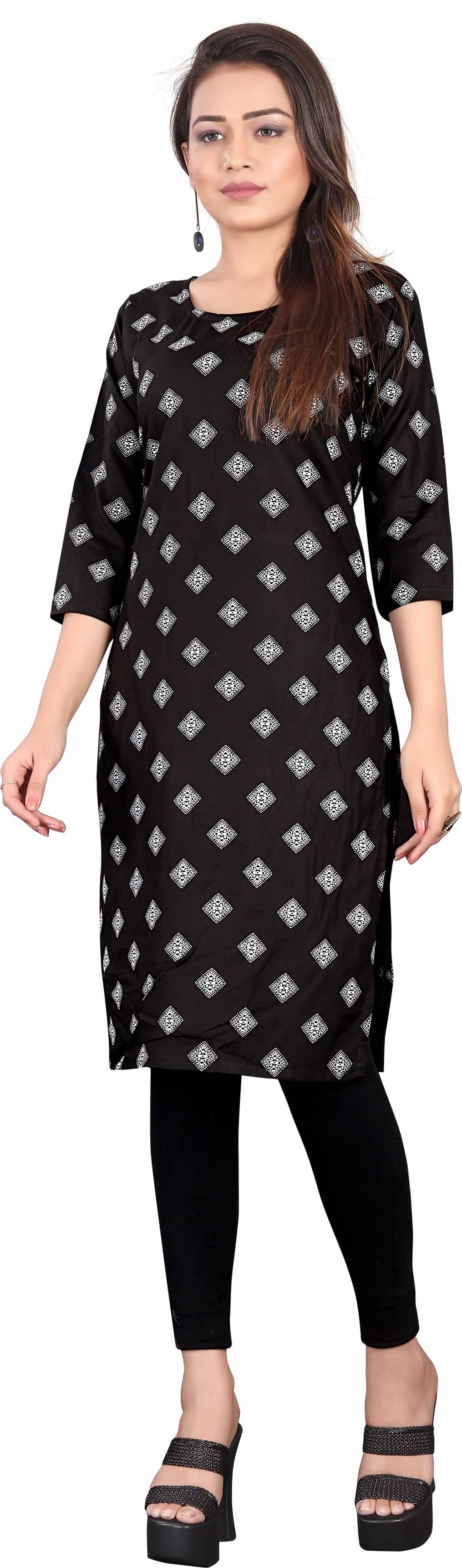 RUNAYA NX Pack of 1 Viscose Rayon Printed A-line Women's Kurti - ( Black ) RUNAYA NX Pack of 1 Viscose Rayon Printed A-line Women's Kurti - ( Black )
