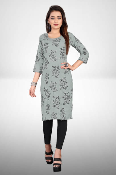 RUNAYA NX Pack of 1 Viscose Rayon Printed Straight Women's Kurti - ( Grey ) RUNAYA NX Pack of 1 Viscose Rayon Printed Straight Women's Kurti - ( Grey )