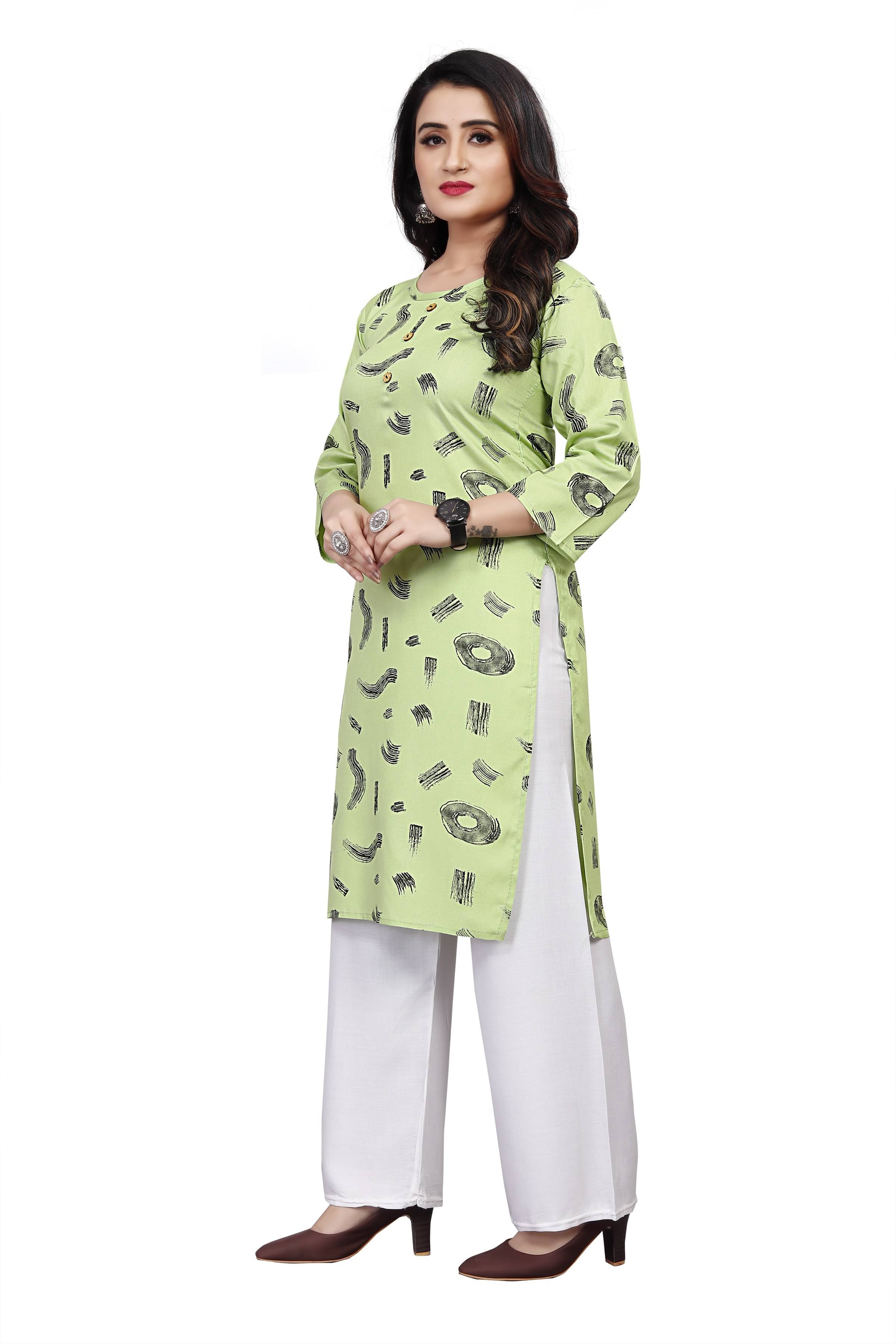 RUNAYA NX Pack of 1 Viscose Rayon Printed A-line Women's Kurti - ( Green ) RUNAYA NX Pack of 1 Viscose Rayon Printed A-line Women's Kurti - ( Green )