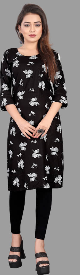 RUNAYA NX Pack of 1 Viscose Rayon Printed A-line Women's Kurti - ( Black ) RUNAYA NX Pack of 1 Viscose Rayon Printed A-line Women's Kurti - ( Black )