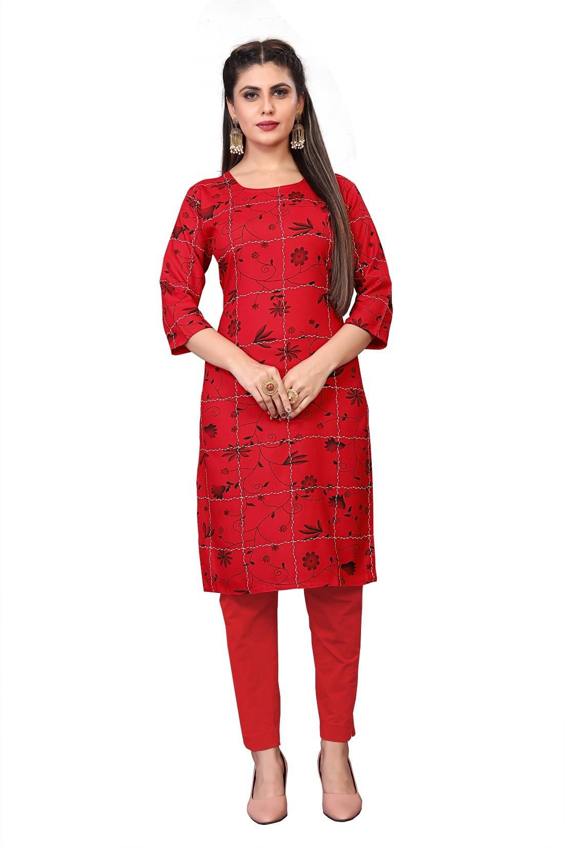 RUNAYA NX Pack of 1 Viscose Rayon Printed A-line Women's Kurti - ( Red ) RUNAYA NX Pack of 1 Viscose Rayon Printed A-line Women's Kurti - ( Red )