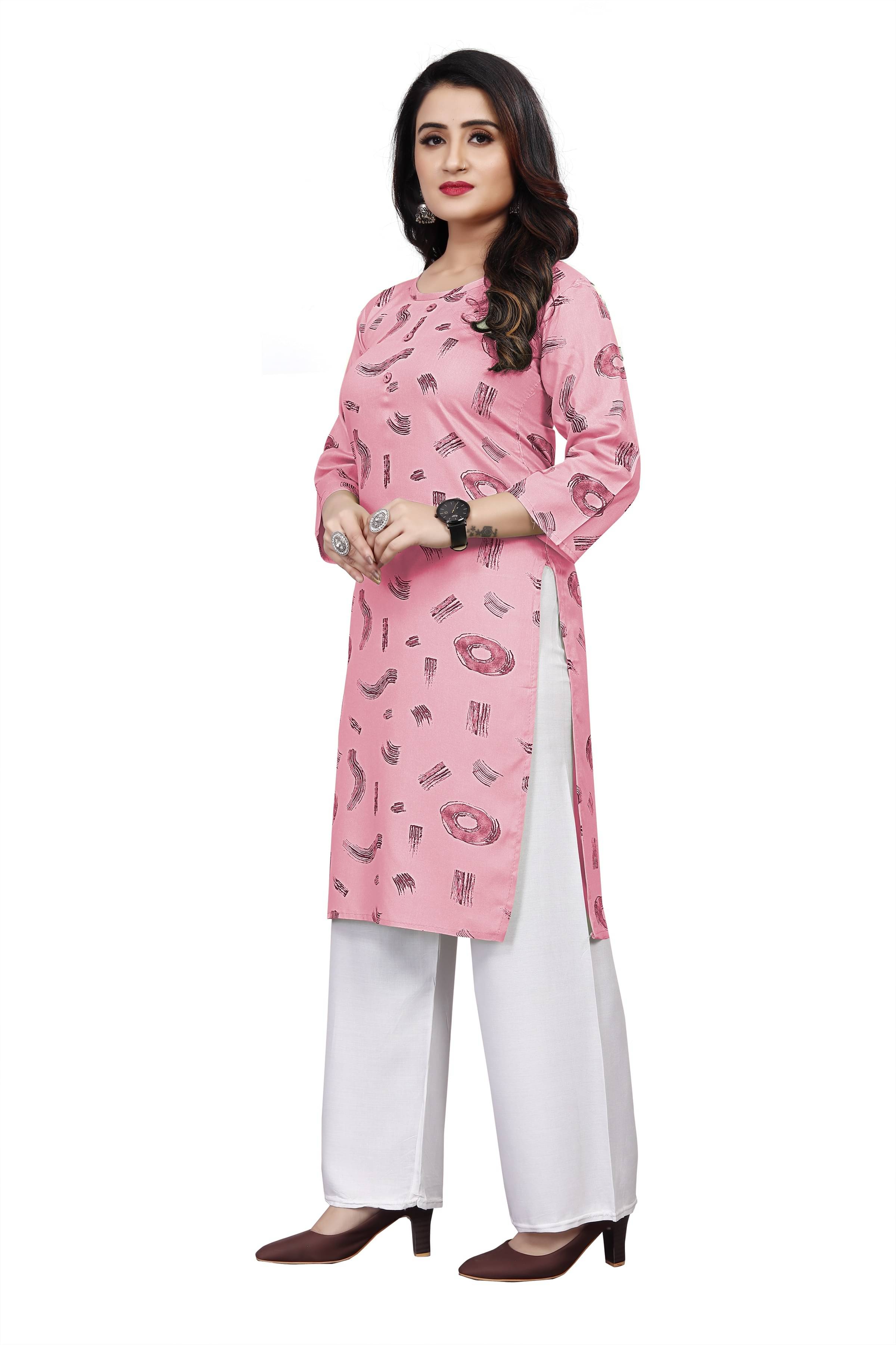 RUNAYA NX Pack of 1 Viscose Rayon Printed Straight Women's Kurti - ( Pink ) RUNAYA NX Pack of 1 Viscose Rayon Printed Straight Women's Kurti - ( Pink )