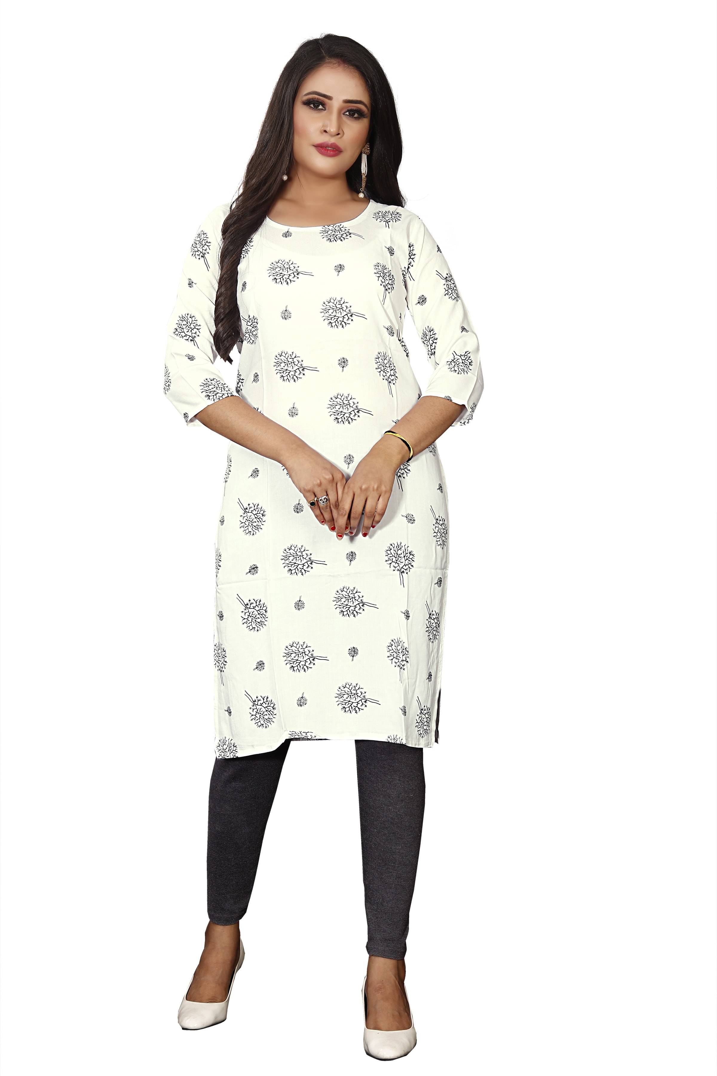 RUNAYA NX Pack of 1 Viscose Rayon Printed A-line Women's Kurti - ( White ) RUNAYA NX Pack of 1 Viscose Rayon Printed A-line Women's Kurti - ( White )