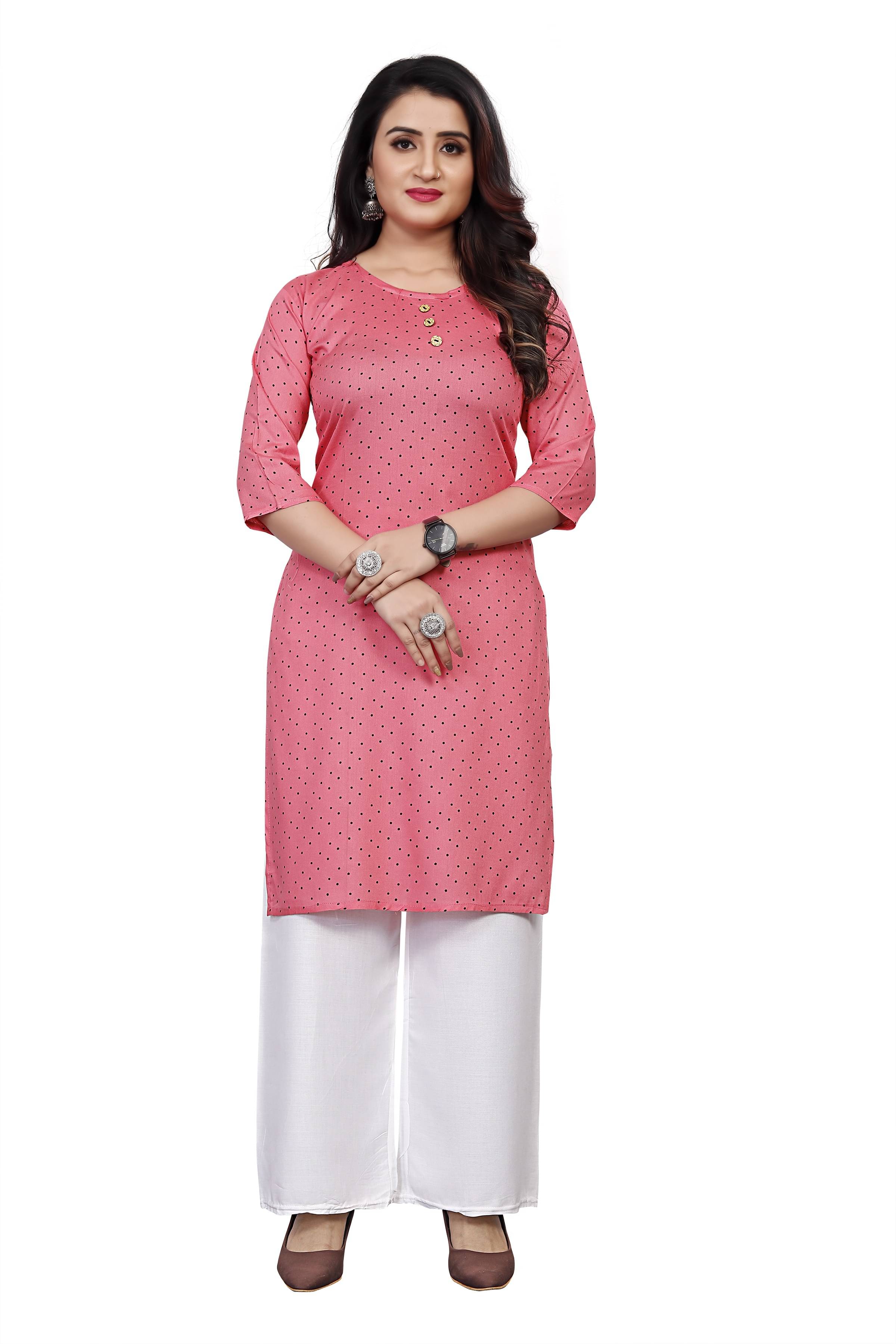RUNAYA NX Pack of 1 Viscose Rayon Printed Straight Women's Kurti - ( Pink ) RUNAYA NX Pack of 1 Viscose Rayon Printed Straight Women's Kurti - ( Pink )