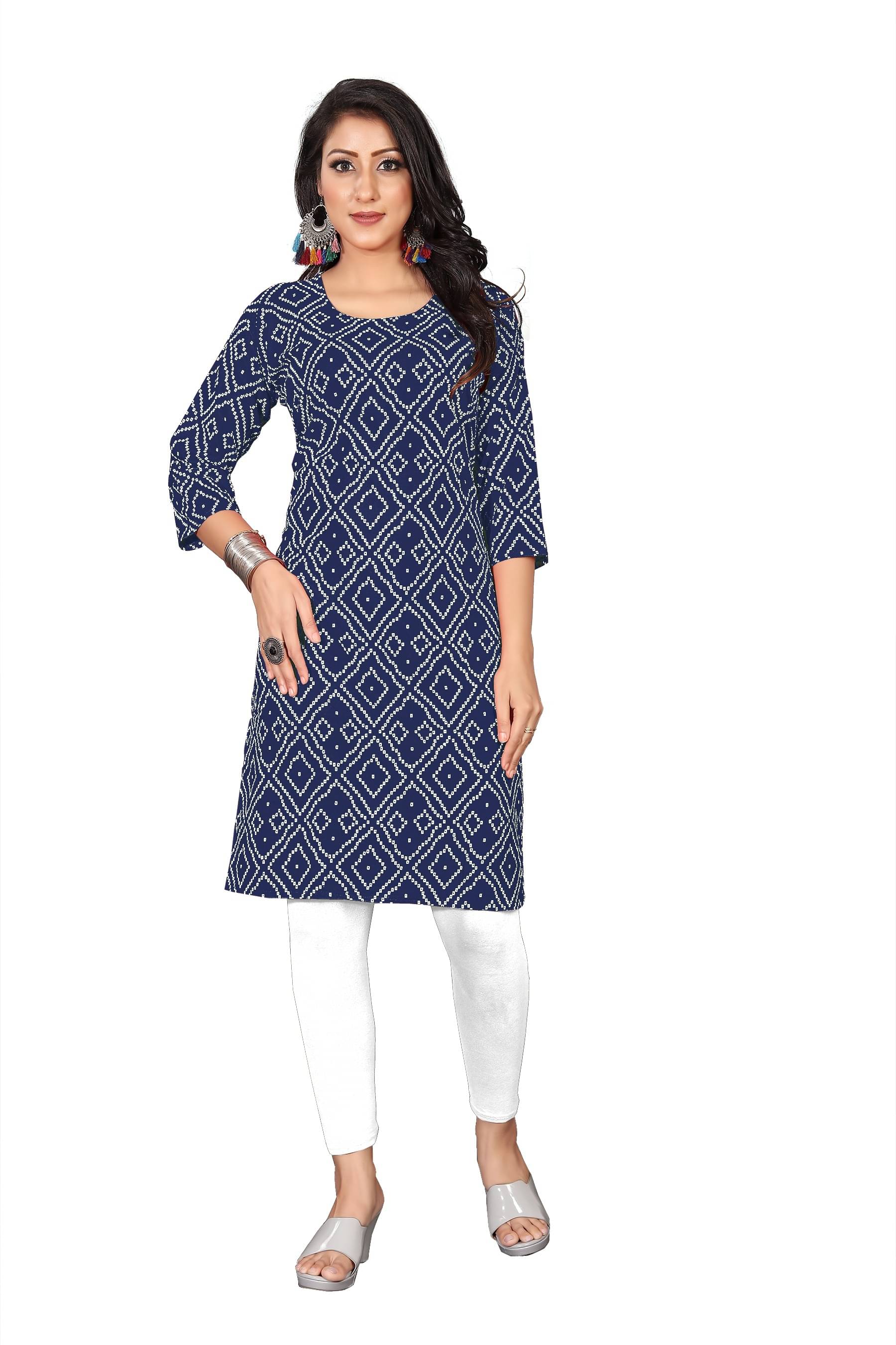 RUNAYA NX Pack of 1 Viscose Rayon Printed Straight Women's Kurti - ( Dark Blue ) RUNAYA NX Pack of 1 Viscose Rayon Printed Straight Women's Kurti - ( Dark Blue )