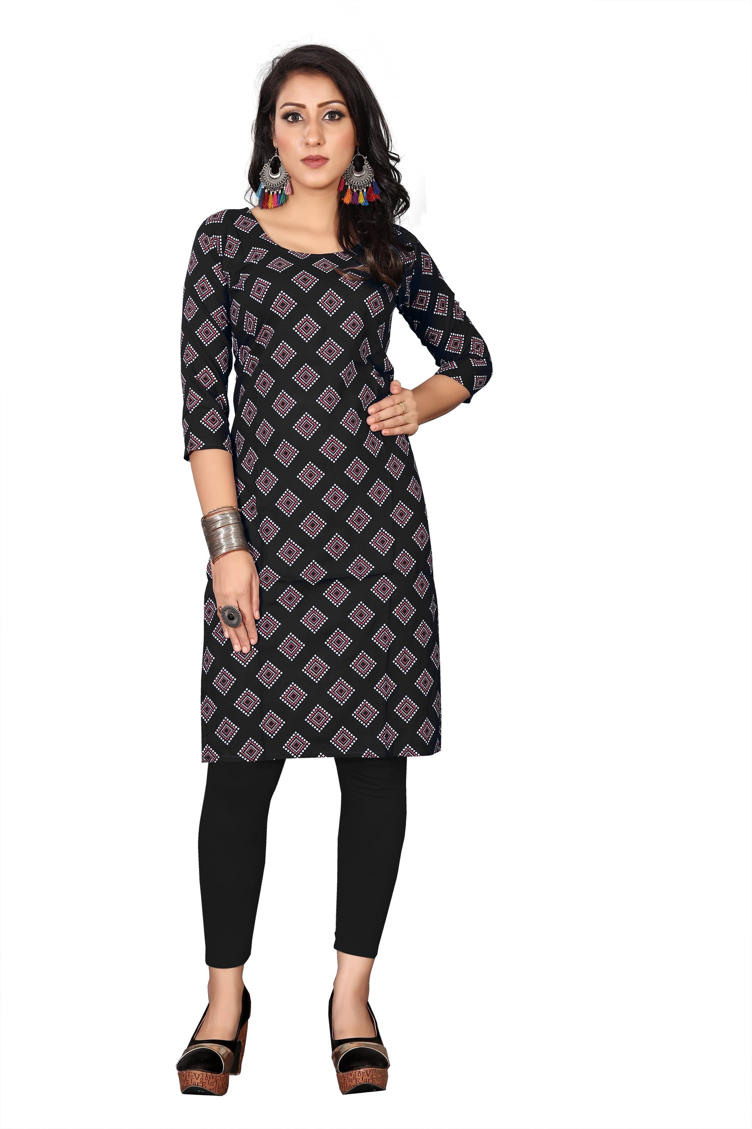 RUNAYA NX Pack of 1 Viscose Rayon Printed Straight Women's Kurti - ( Black ) RUNAYA NX Pack of 1 Viscose Rayon Printed Straight Women's Kurti - ( Black )