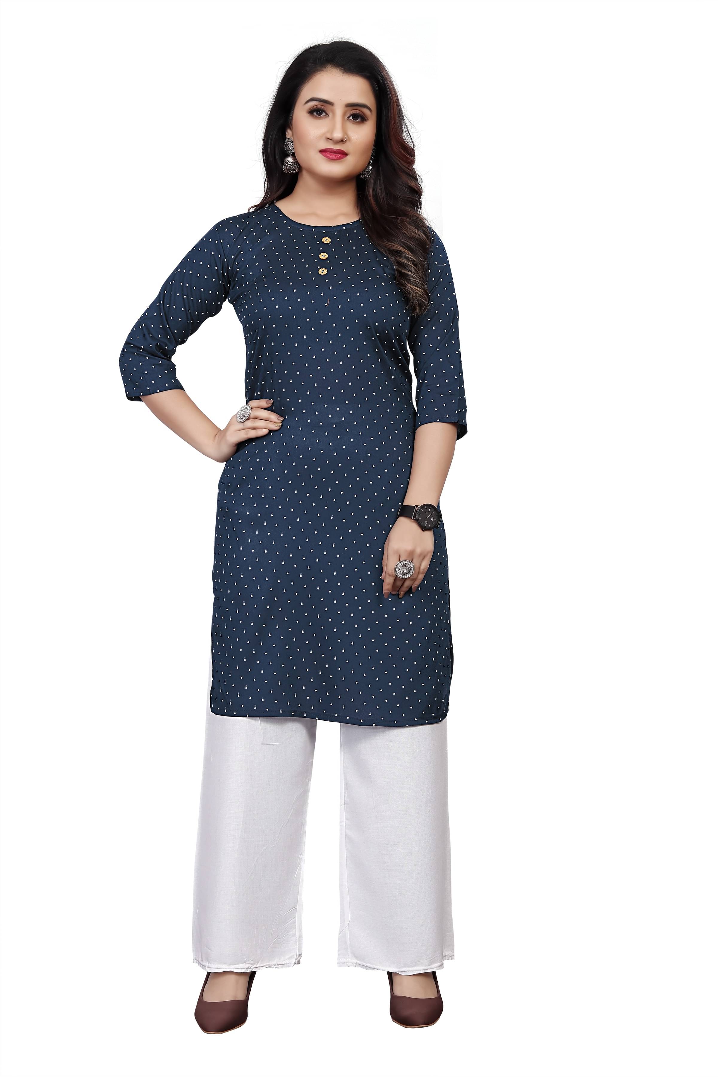 RUNAYA NX Pack of 1 Viscose Rayon Printed Straight Women's Kurti - ( Blue ) RUNAYA NX Pack of 1 Viscose Rayon Printed Straight Women's Kurti - ( Blue )