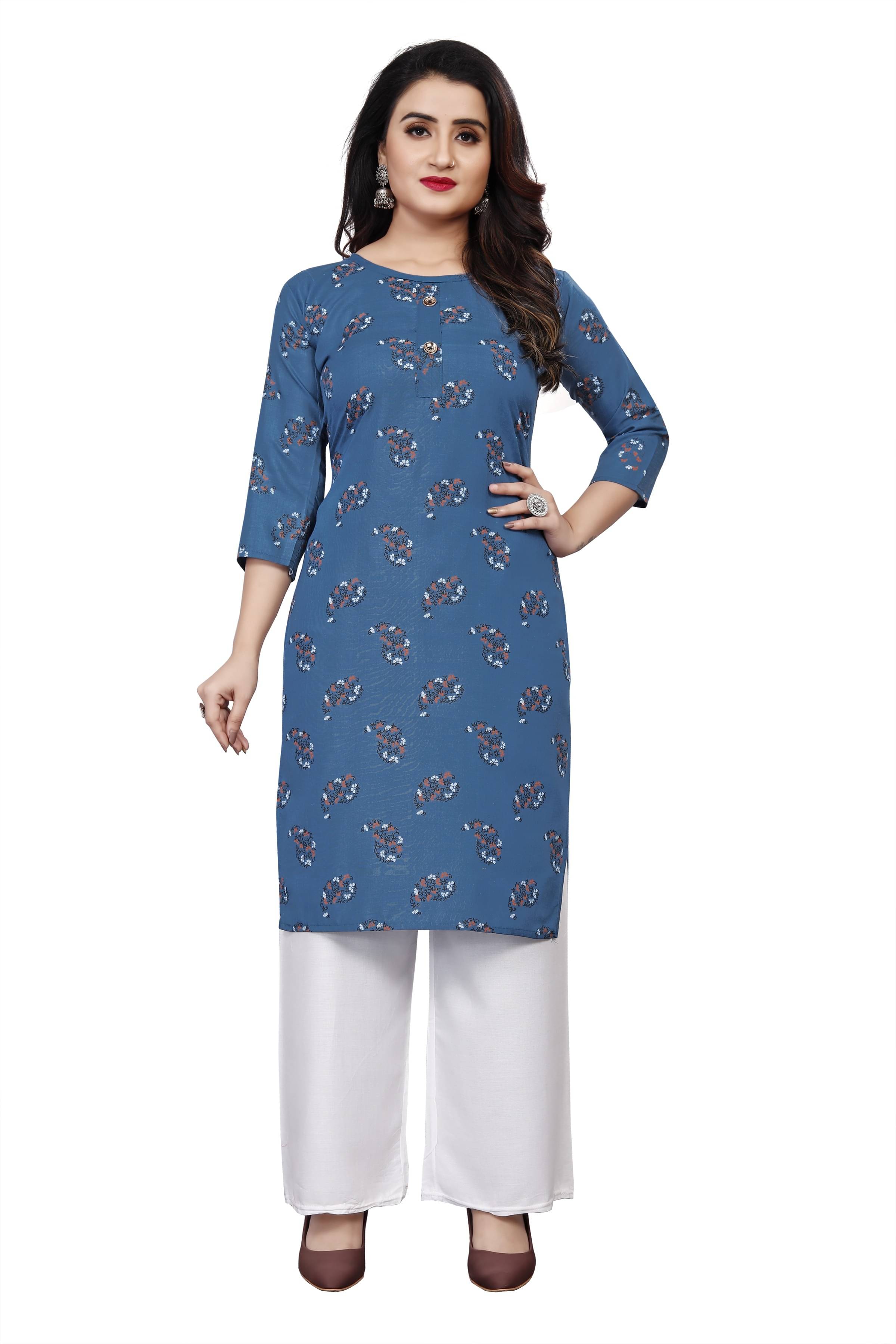     			RUNAYA NX Pack of 1 Viscose Rayon Solid Straight Women's Kurti - ( Blue )
