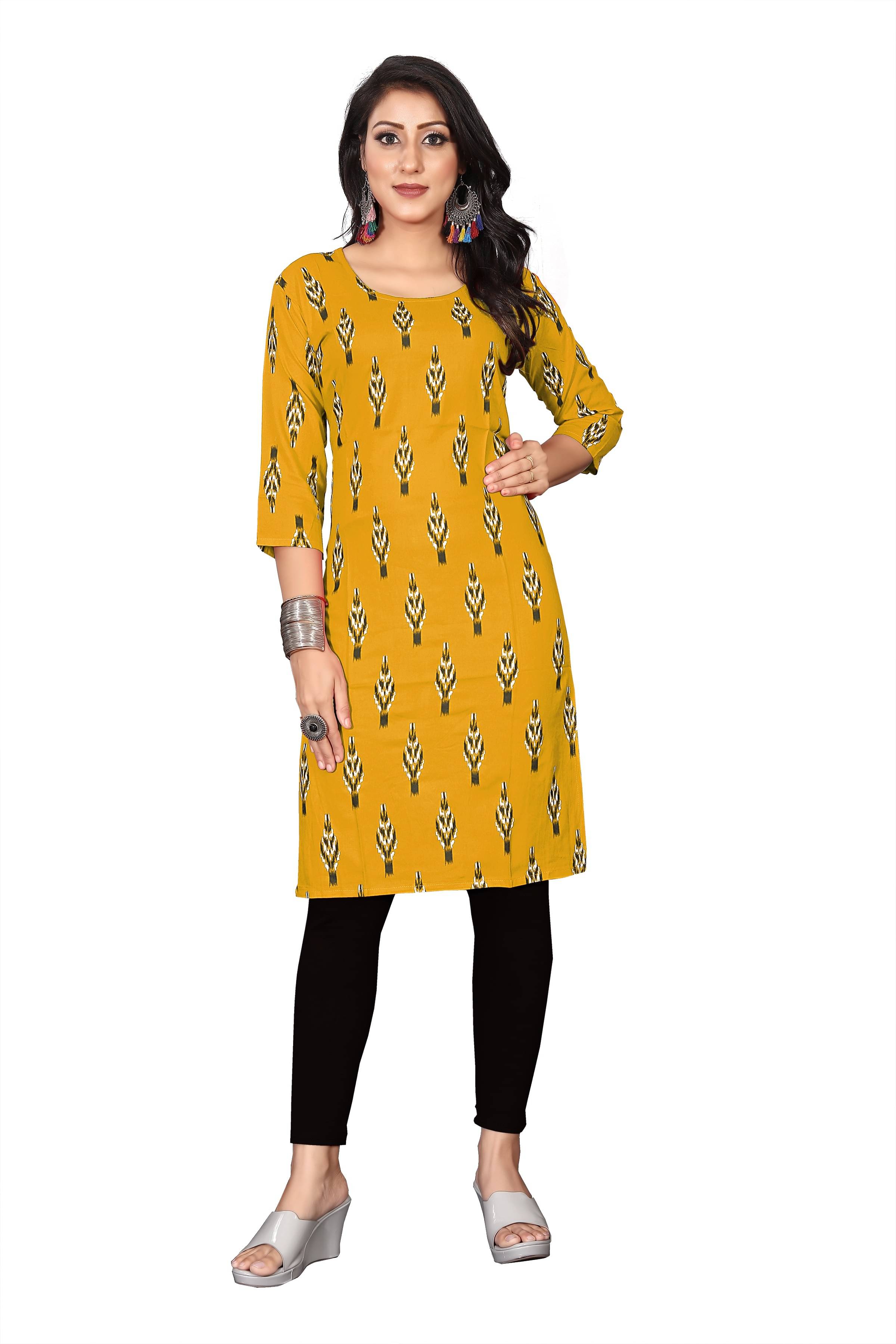 RUNAYA NX Pack of 1 Viscose Rayon Printed A-line Women's Kurti - ( Yellow ) RUNAYA NX Pack of 1 Viscose Rayon Printed A-line Women's Kurti - ( Yellow )