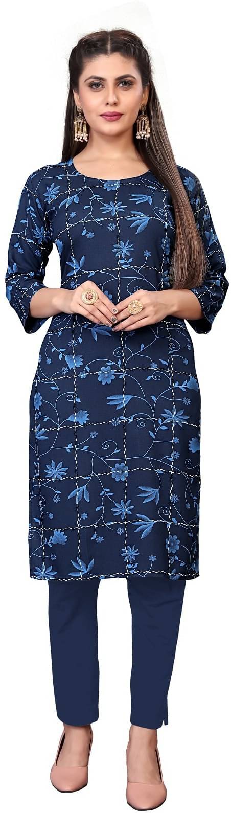 RUNAYA NX Pack of 1 Viscose Rayon Printed A-line Women's Kurti - ( Blue ) RUNAYA NX Pack of 1 Viscose Rayon Printed A-line Women's Kurti - ( Blue )