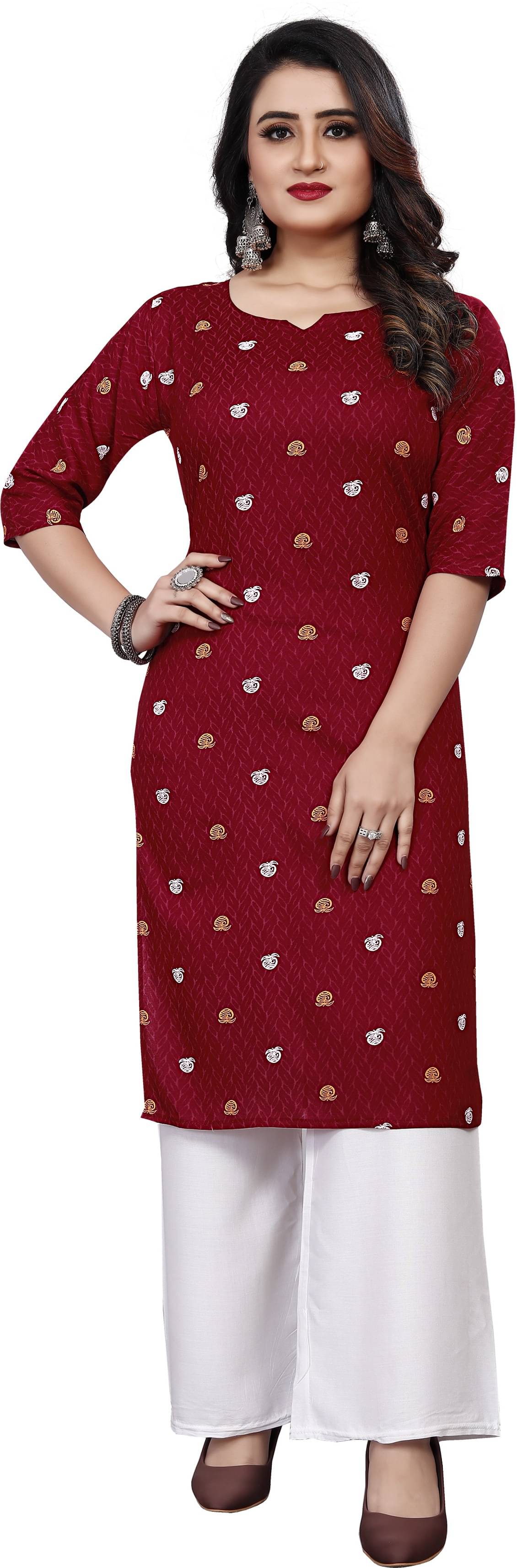 RUNAYA NX Pack of 1 Viscose Rayon Printed Straight Women's Kurti - ( Red ) RUNAYA NX Pack of 1 Viscose Rayon Printed Straight Women's Kurti - ( Red )