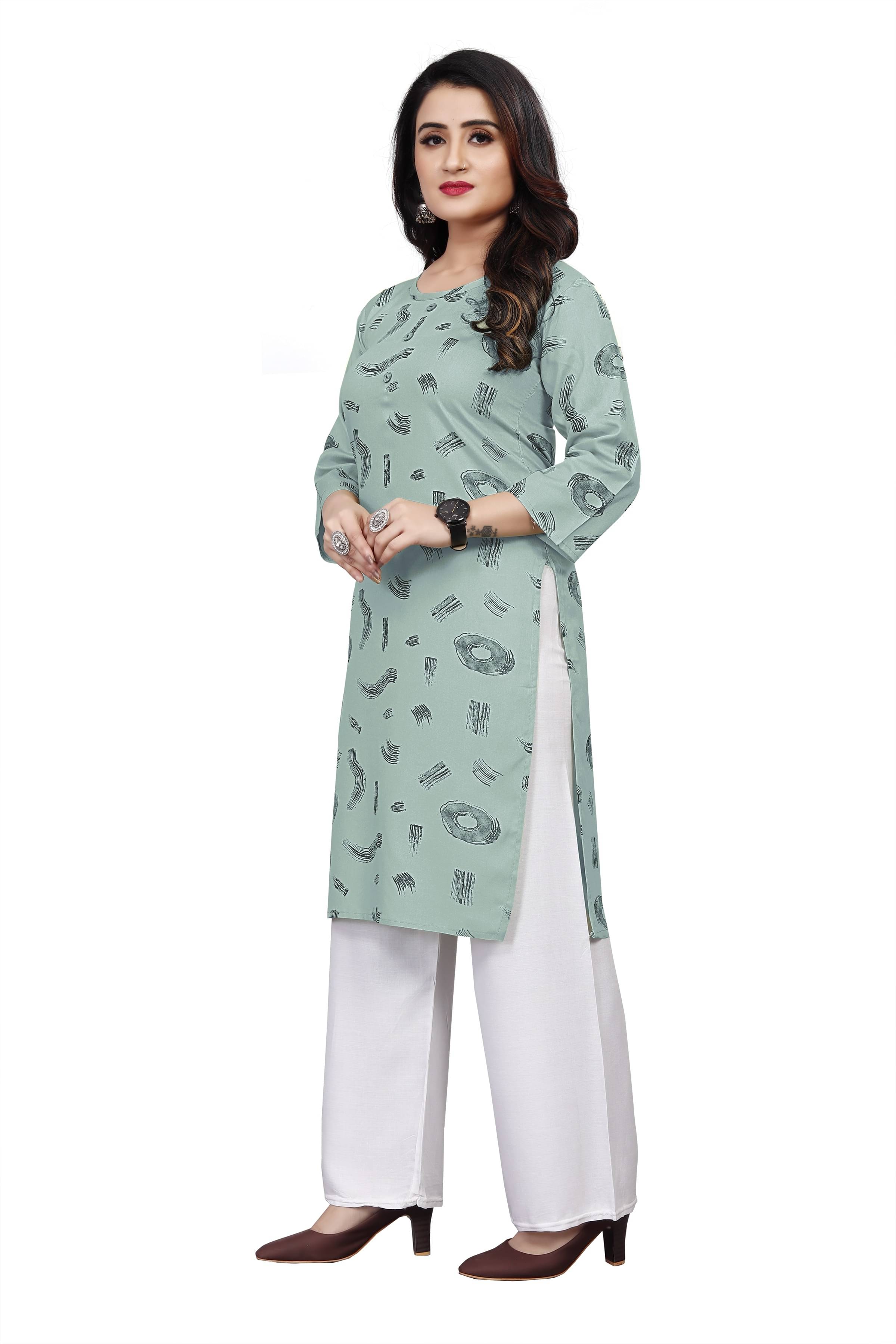 RUNAYA NX Pack of 1 Viscose Rayon Printed Straight Women's Kurti - ( Blue ) RUNAYA NX Pack of 1 Viscose Rayon Printed Straight Women's Kurti - ( Blue )
