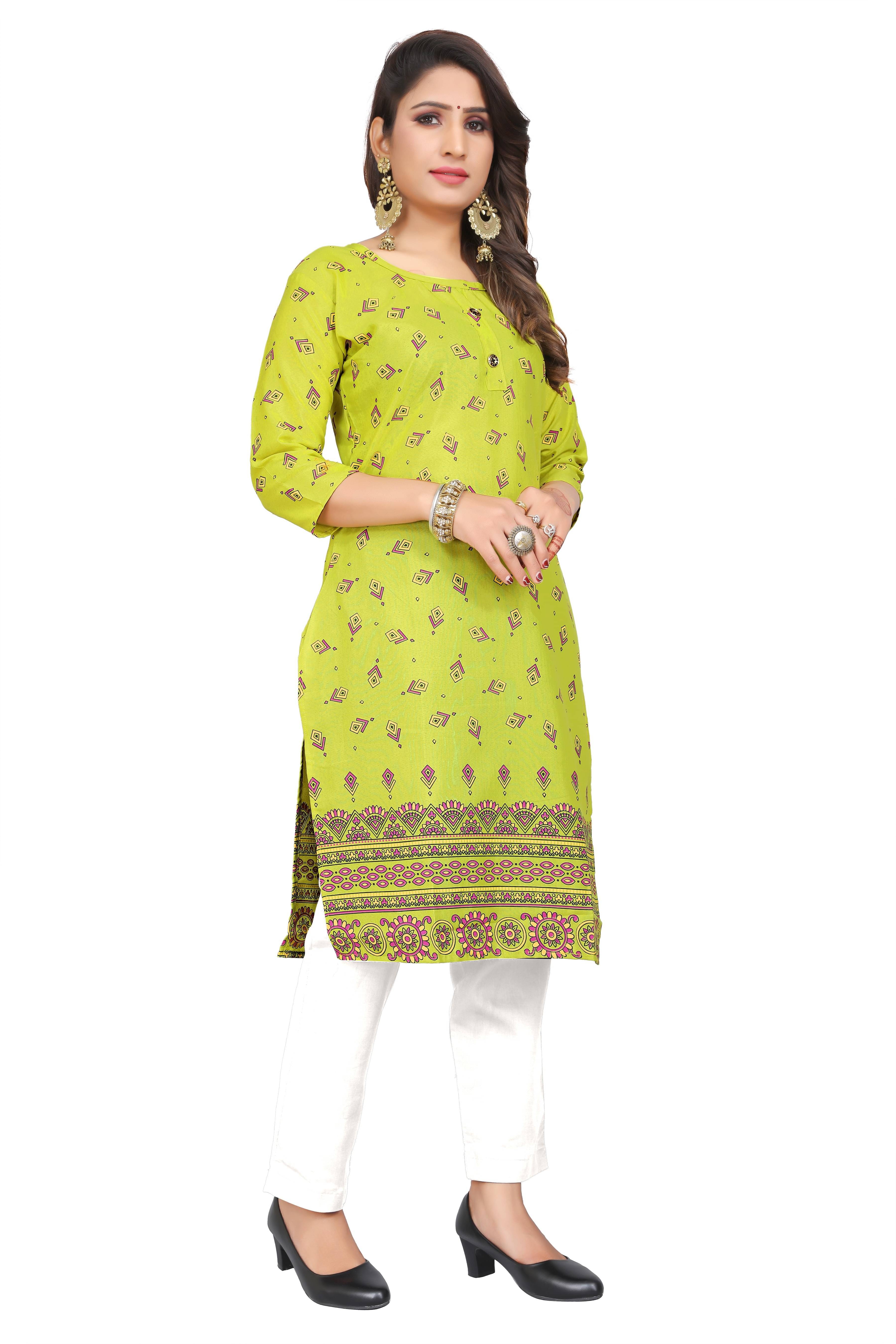 RUNAYA NX Pack of 1 Viscose Rayon Printed Straight Women's Kurti - ( Green ) RUNAYA NX Pack of 1 Viscose Rayon Printed Straight Women's Kurti - ( Green )