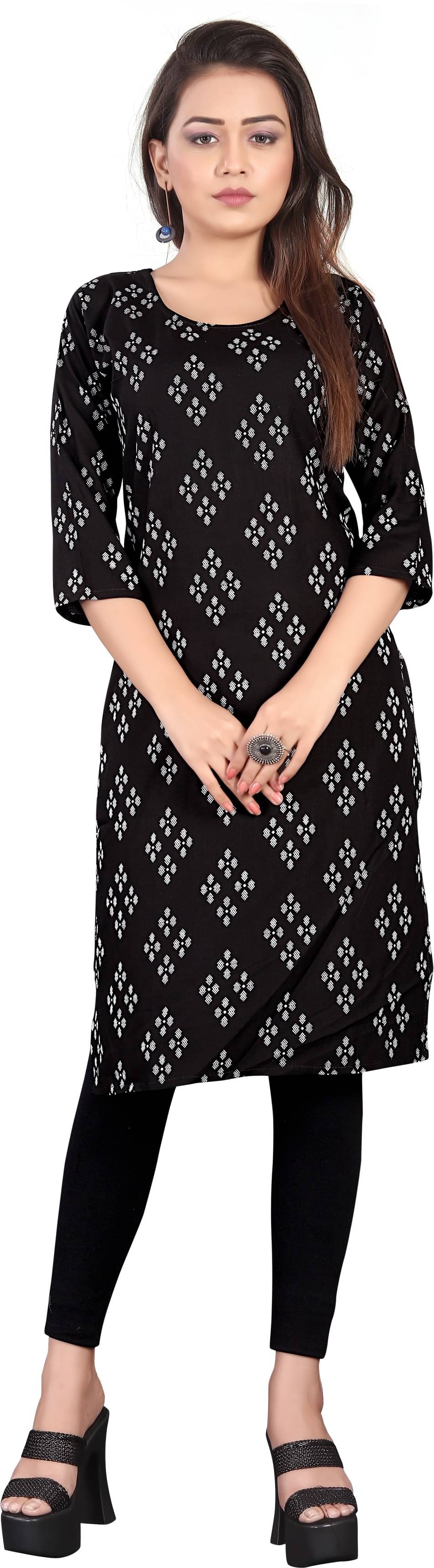     			RUNAYA NX Pack of 1 Viscose Rayon Printed A-line Women's Kurti - ( Black )