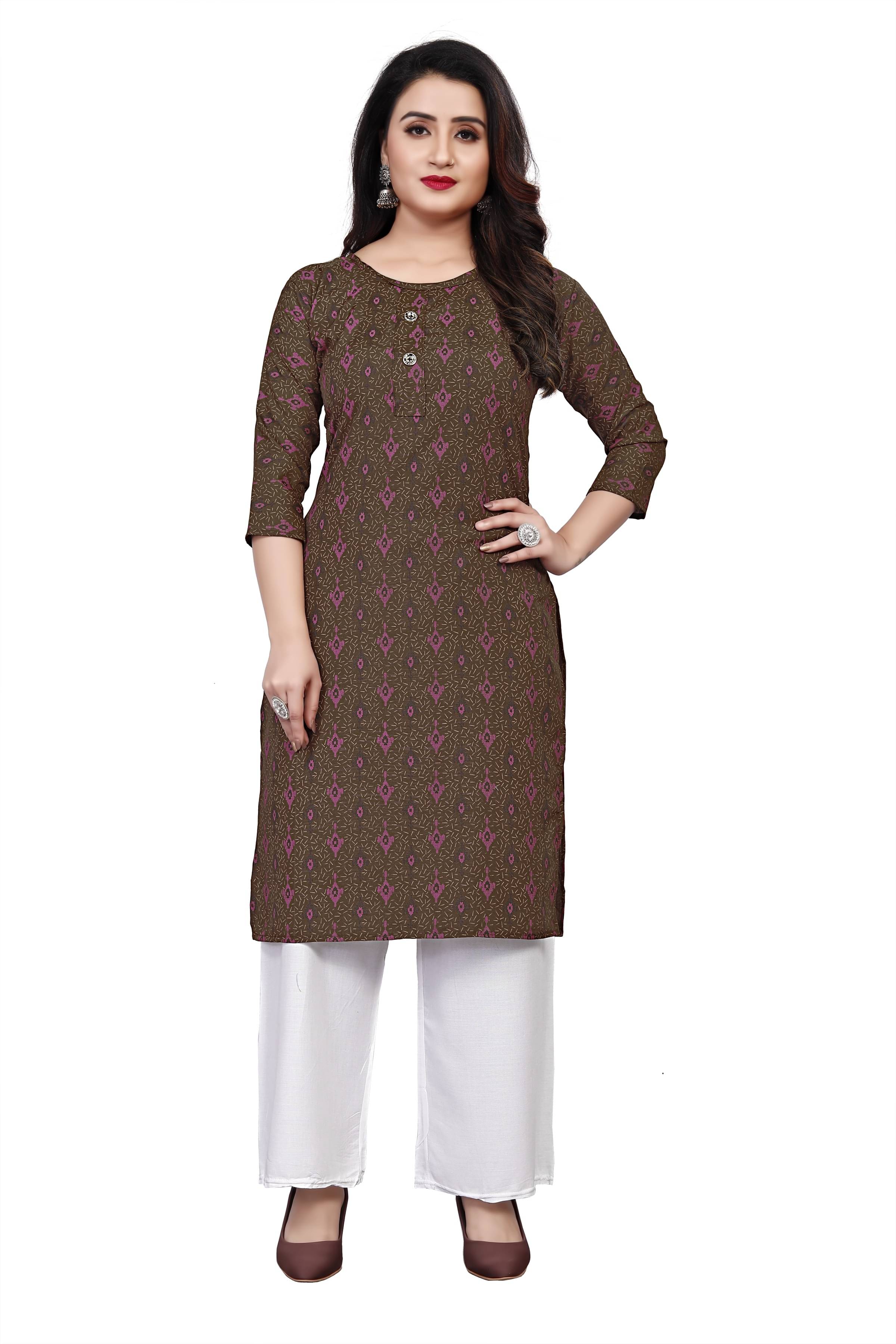 RUNAYA NX Pack of 1 Viscose Rayon Printed A-line Women's Kurti - ( Brown ) RUNAYA NX Pack of 1 Viscose Rayon Printed A-line Women's Kurti - ( Brown )