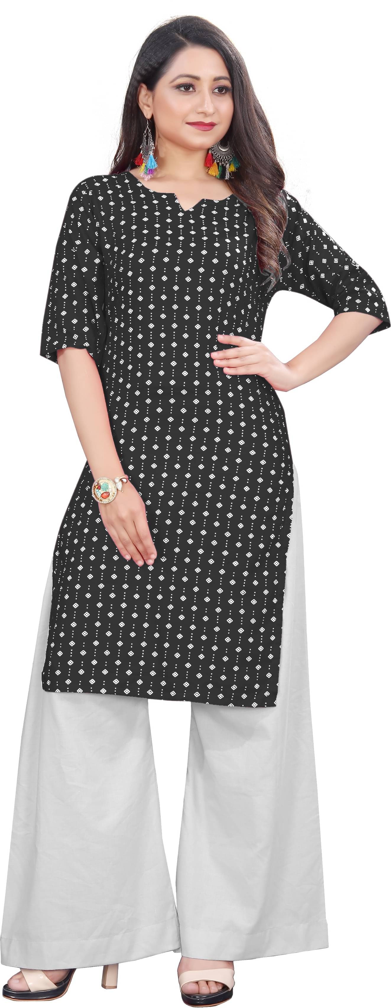 RUNAYA NX Pack of 1 Viscose Rayon Printed A-line Women's Kurti - ( Black ) RUNAYA NX Pack of 1 Viscose Rayon Printed A-line Women's Kurti - ( Black )