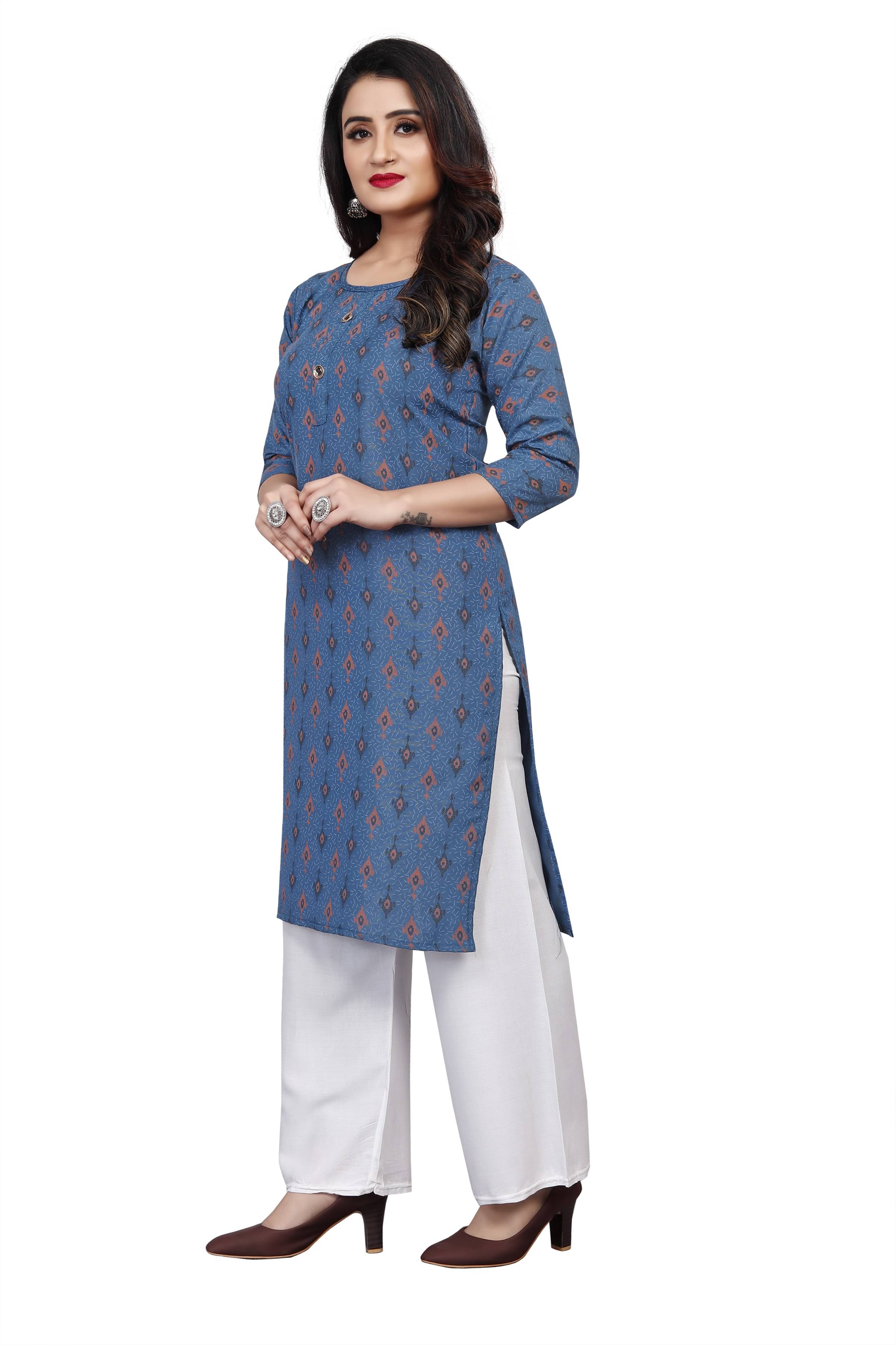 RUNAYA NX Pack of 1 Viscose Rayon Solid Straight Women's Kurti - ( Blue ) RUNAYA NX Pack of 1 Viscose Rayon Solid Straight Women's Kurti - ( Blue )