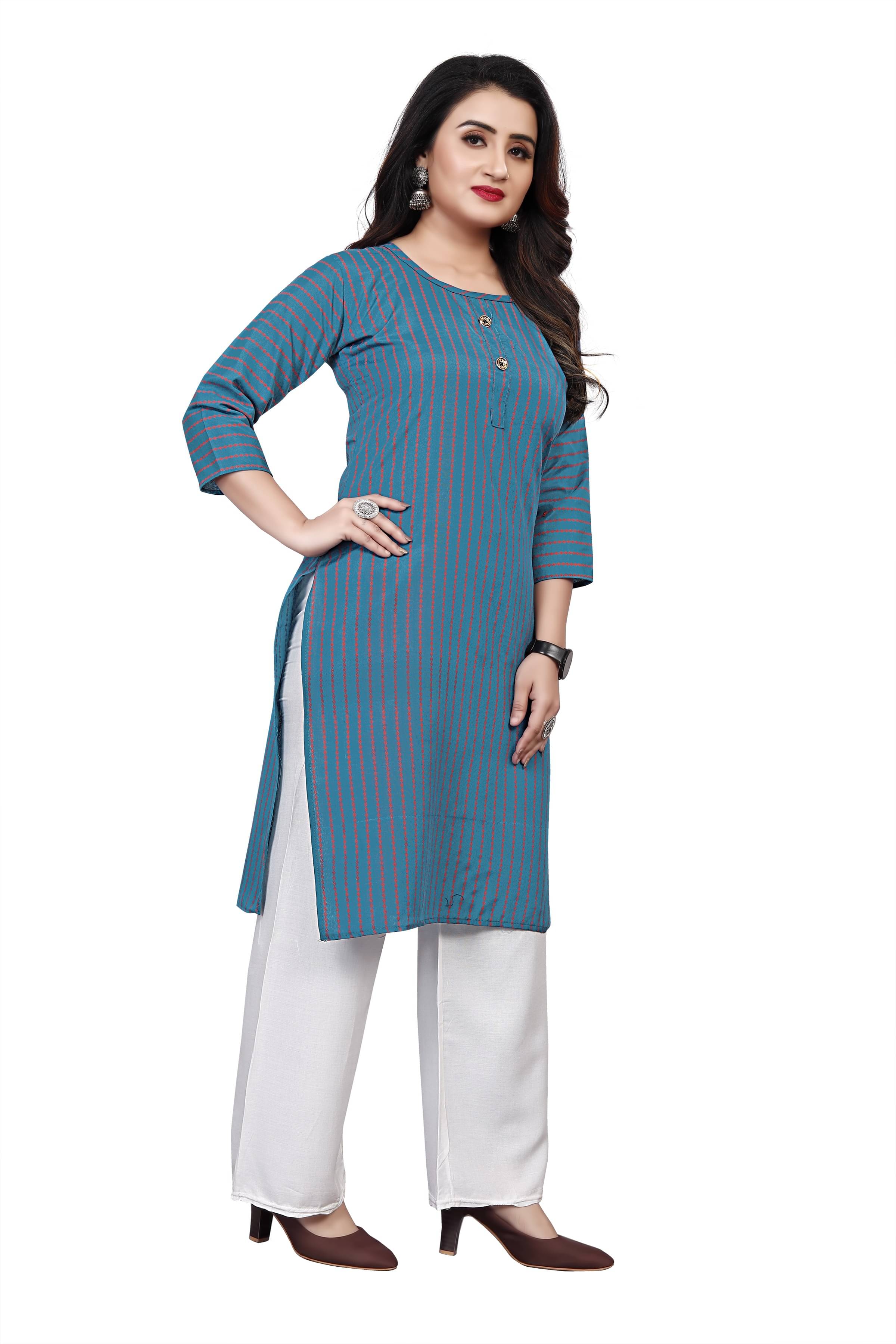 RUNAYA NX Pack of 1 Viscose Rayon Printed A-line Women's Kurti - ( Blue ) RUNAYA NX Pack of 1 Viscose Rayon Printed A-line Women's Kurti - ( Blue )
