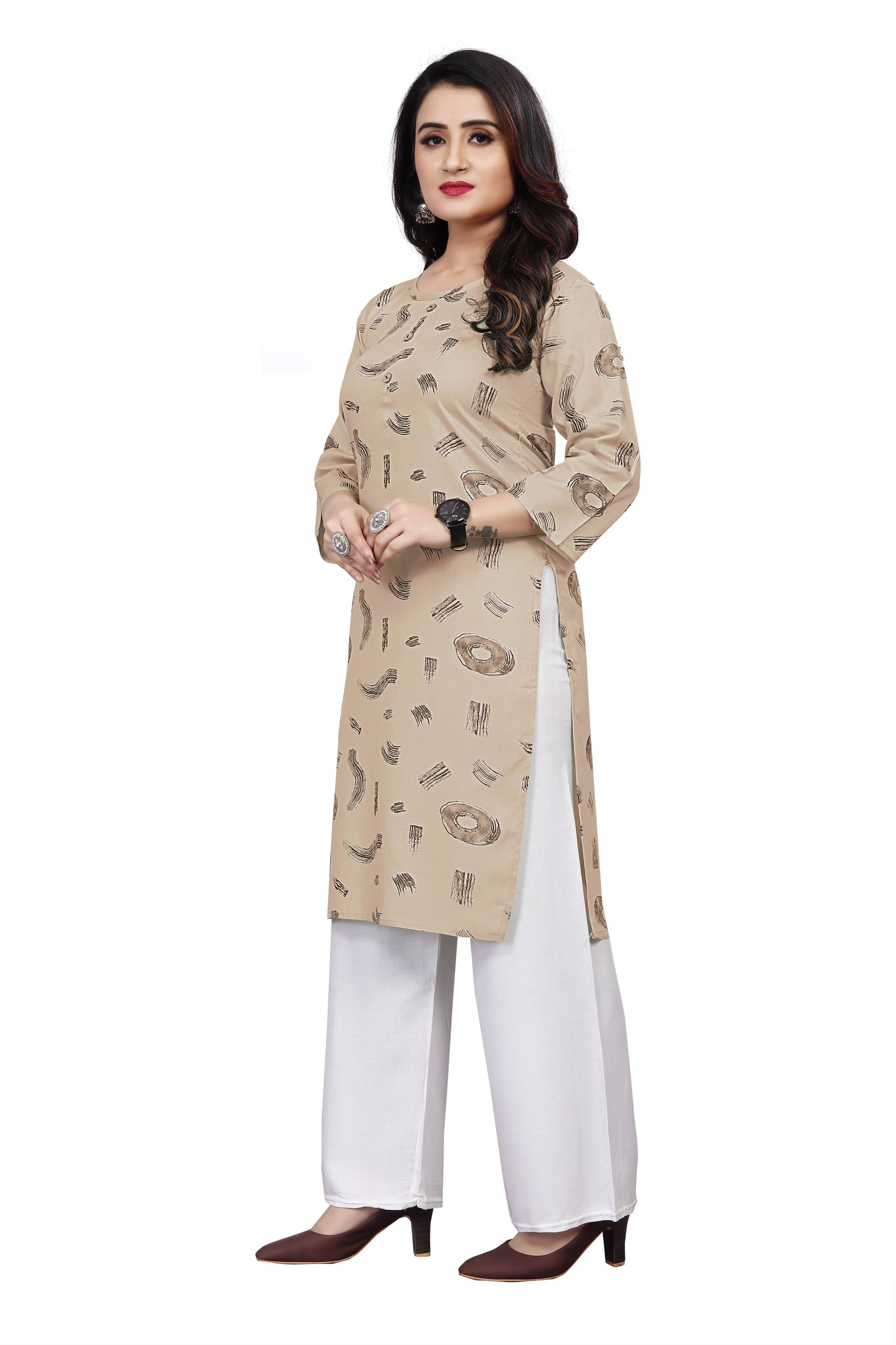     			RUNAYA NX Pack of 1 Viscose Rayon Printed Straight Women's Kurti - ( Beige )
