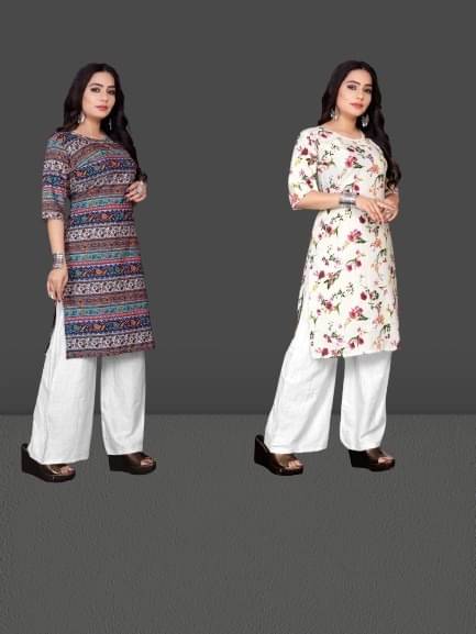 RUNAYA NX Pack of 2 Crepe Printed A-line Women's Kurti - ( Dark Blue ) RUNAYA NX Pack of 2 Crepe Printed A-line Women's Kurti - ( Dark Blue )