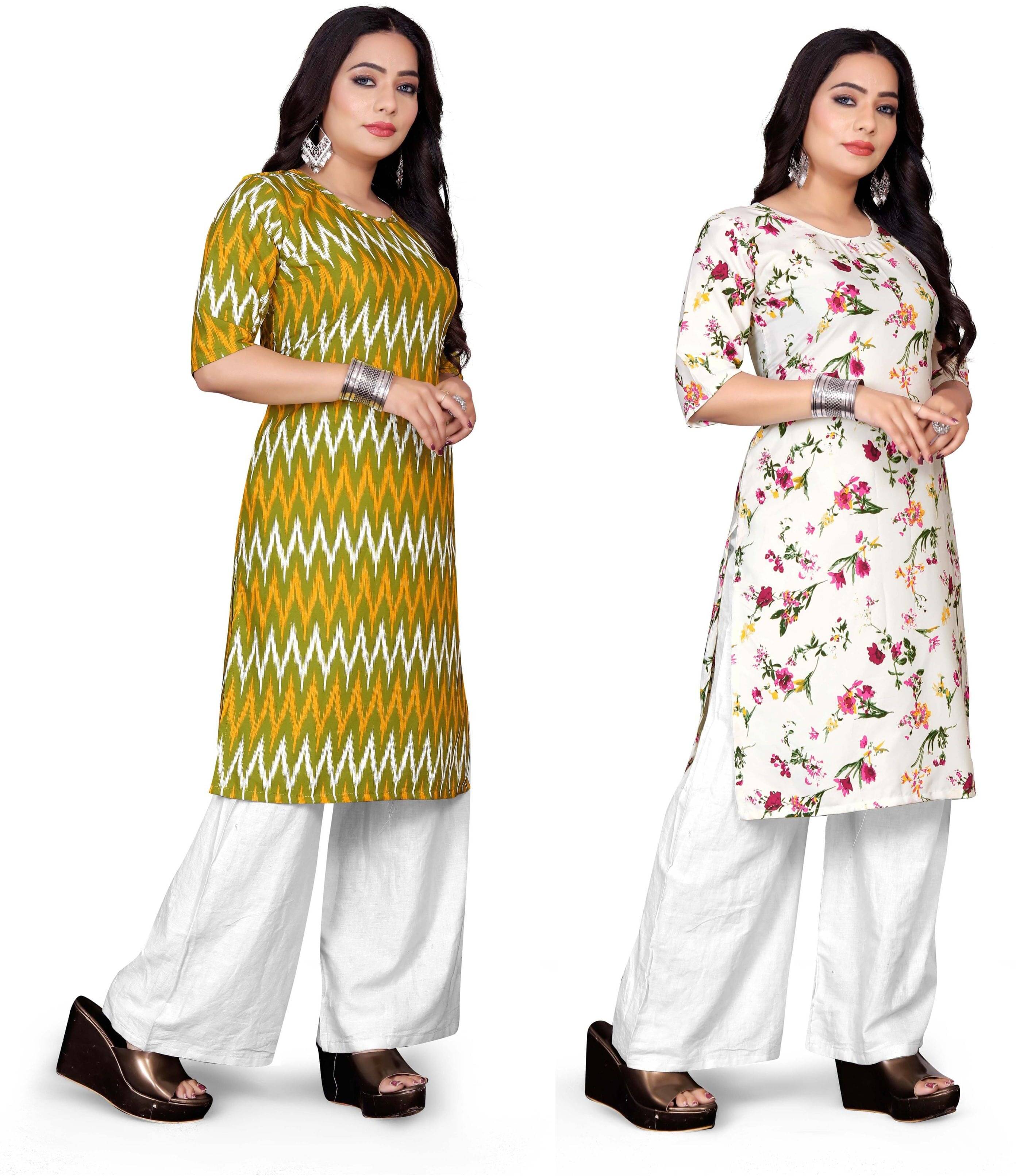 RUNAYA NX Pack of 2 Rayon Printed A-line Women's Kurti - ( Multicolor ) RUNAYA NX Pack of 2 Rayon Printed A-line Women's Kurti - ( Multicolor )