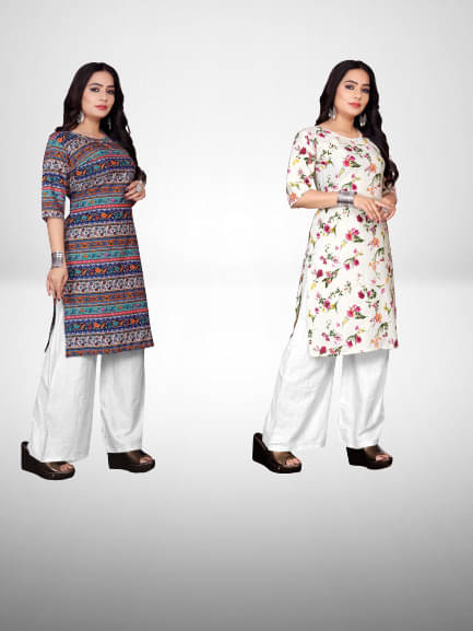 RUNAYA NX Pack of 2 Rayon Printed A-line Women's Kurti - ( Multicolor )     			RUNAYA NX Pack of 2 Rayon Printed A-line Women's Kurti - ( Multicolor )