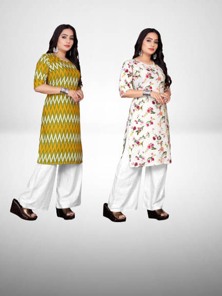 RUNAYA NX Pack of 2 Rayon Printed A-line Women's Kurti - ( Multicolor )     			RUNAYA NX Pack of 2 Rayon Printed A-line Women's Kurti - ( Multicolor )