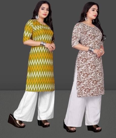 RUNAYA NX Pack of 2 Crepe Printed A-line Women's Kurti - ( Yellow ) RUNAYA NX Pack of 2 Crepe Printed A-line Women's Kurti - ( Yellow )