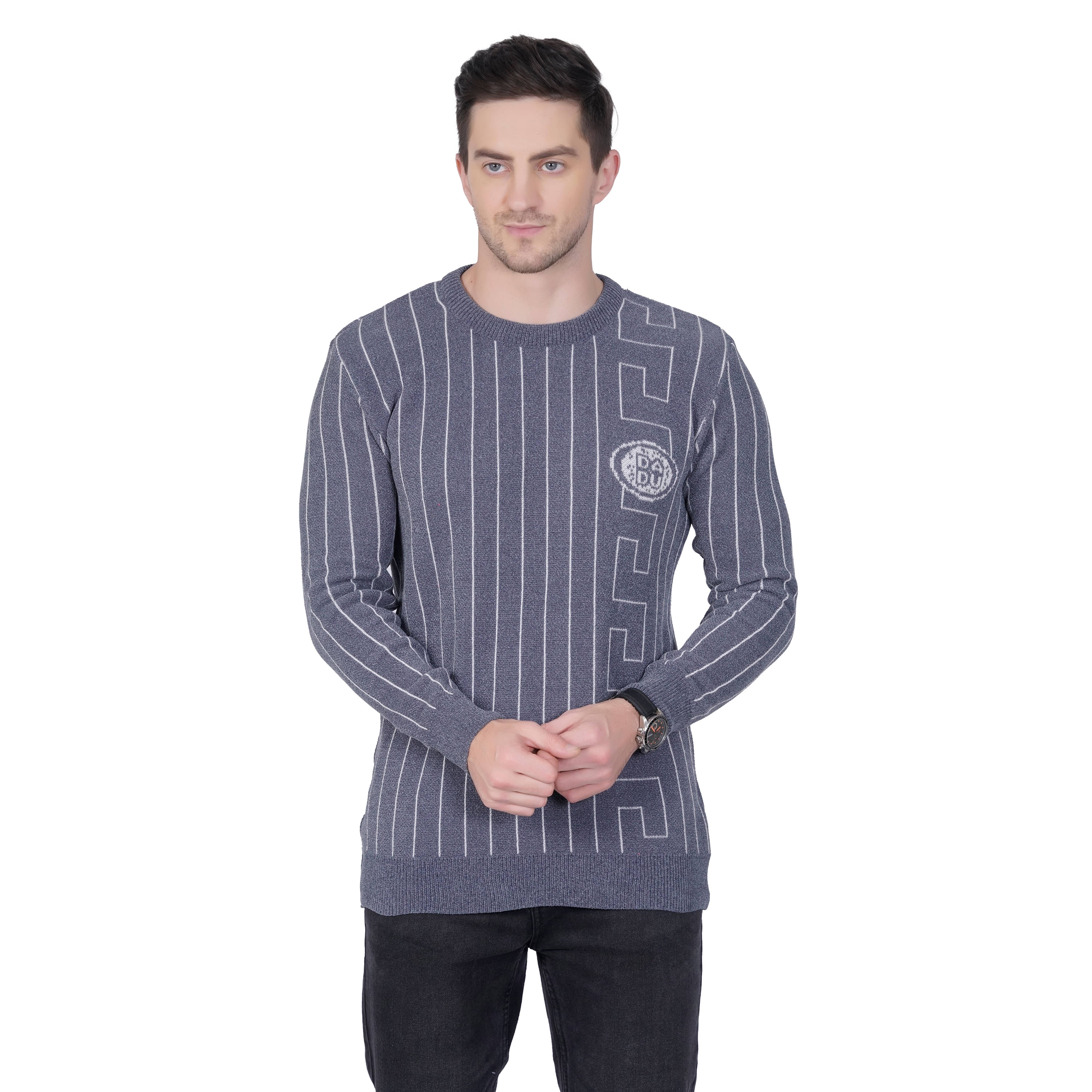     			RuarX Polyester Regular Fit Striped Full Sleeves Men's Round T-Shirt - Grey ( Pack of 1 )