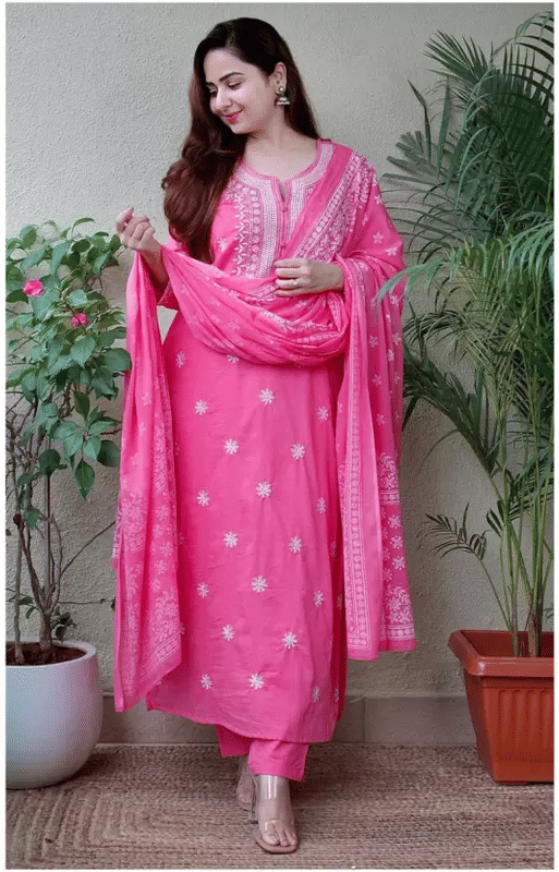Supar Sleave Viscose Embroidered Kurti With Pants Women's Stitched Salwar Suit - Pink ( Pack of 1 )     			Supar Sleave Viscose Embroidered Kurti With Pants Women's Stitched Salwar Suit - Pink ( Pack of 1 )