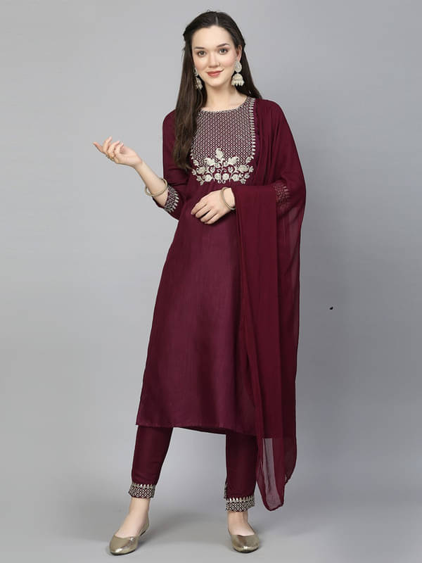 Supar Sleave Viscose Embroidered Kurti With Pants Women's Stitched Salwar Suit - Wine ( Pack of 1 )     			Supar Sleave Viscose Embroidered Kurti With Pants Women's Stitched Salwar Suit - Wine ( Pack of 1 )