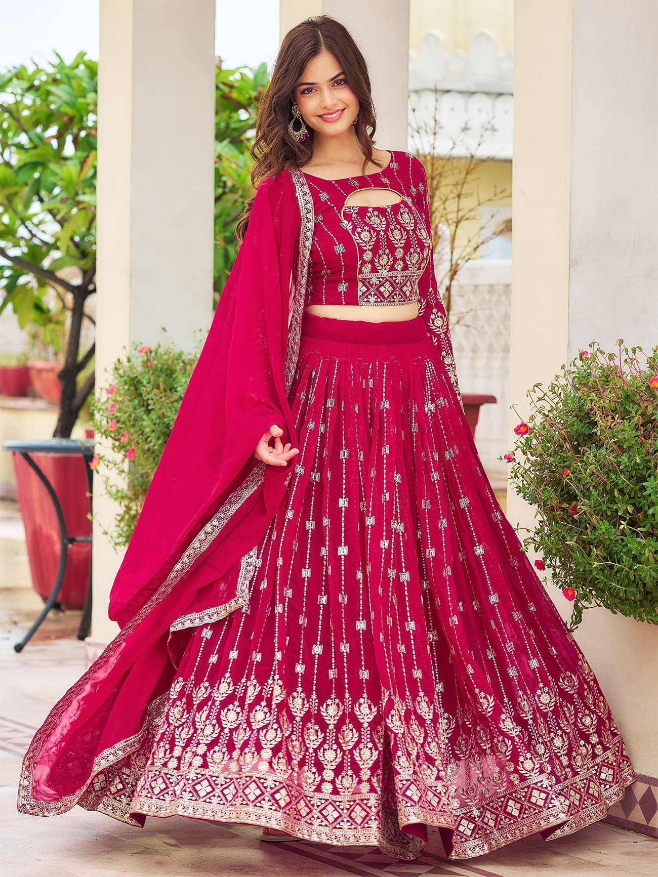     			Trijal Fab Pink Georgette Circular Stitched Lehenga Single