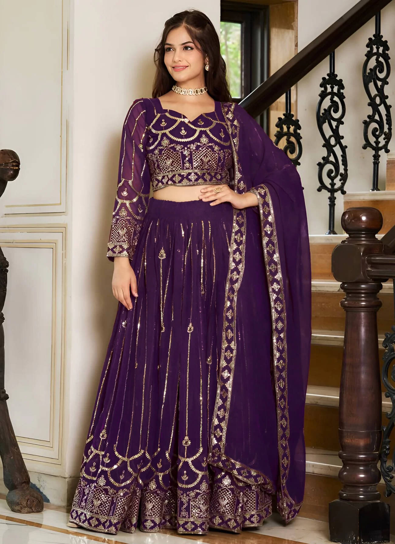     			Trijal Fab Purple Georgette Circular Stitched Lehenga Single