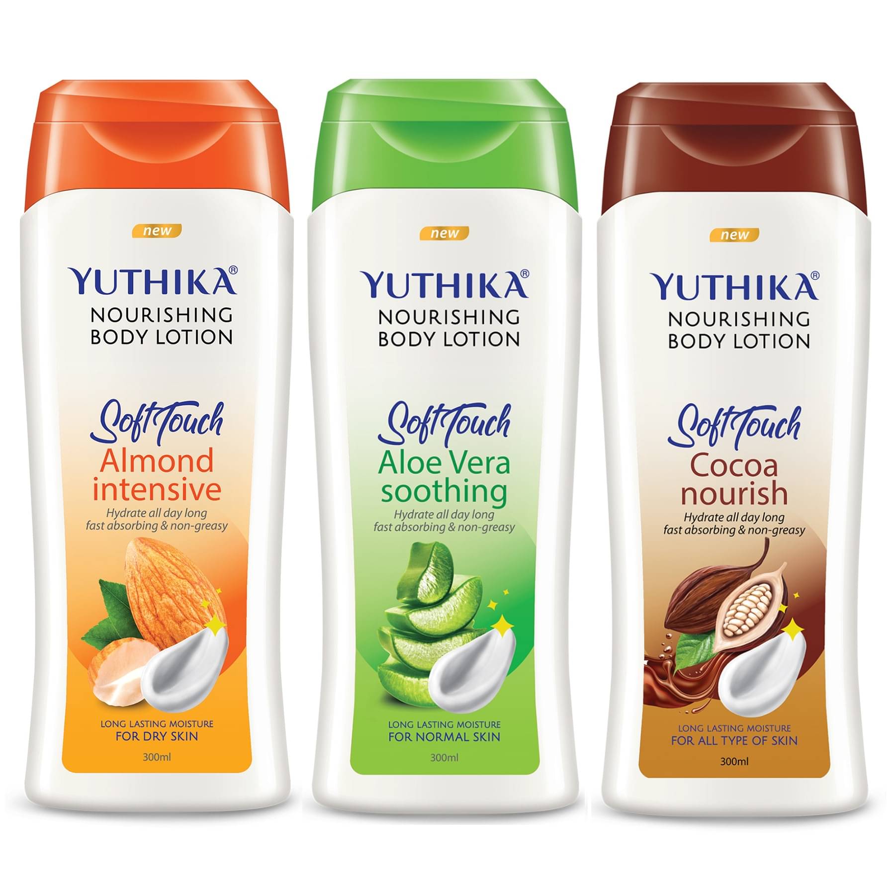 Yuthika Nourishing Body Lotion, Long Lasting, Non Greasy Bodylotion 300ml Pack of 3 (Almond, Aloe Vera & Cocoa Nourish) Yuthika Nourishing Body Lotion, Long Lasting, Non Greasy Bodylotion 300ml Pack of 3 (Almond, Aloe Vera & Cocoa Nourish)