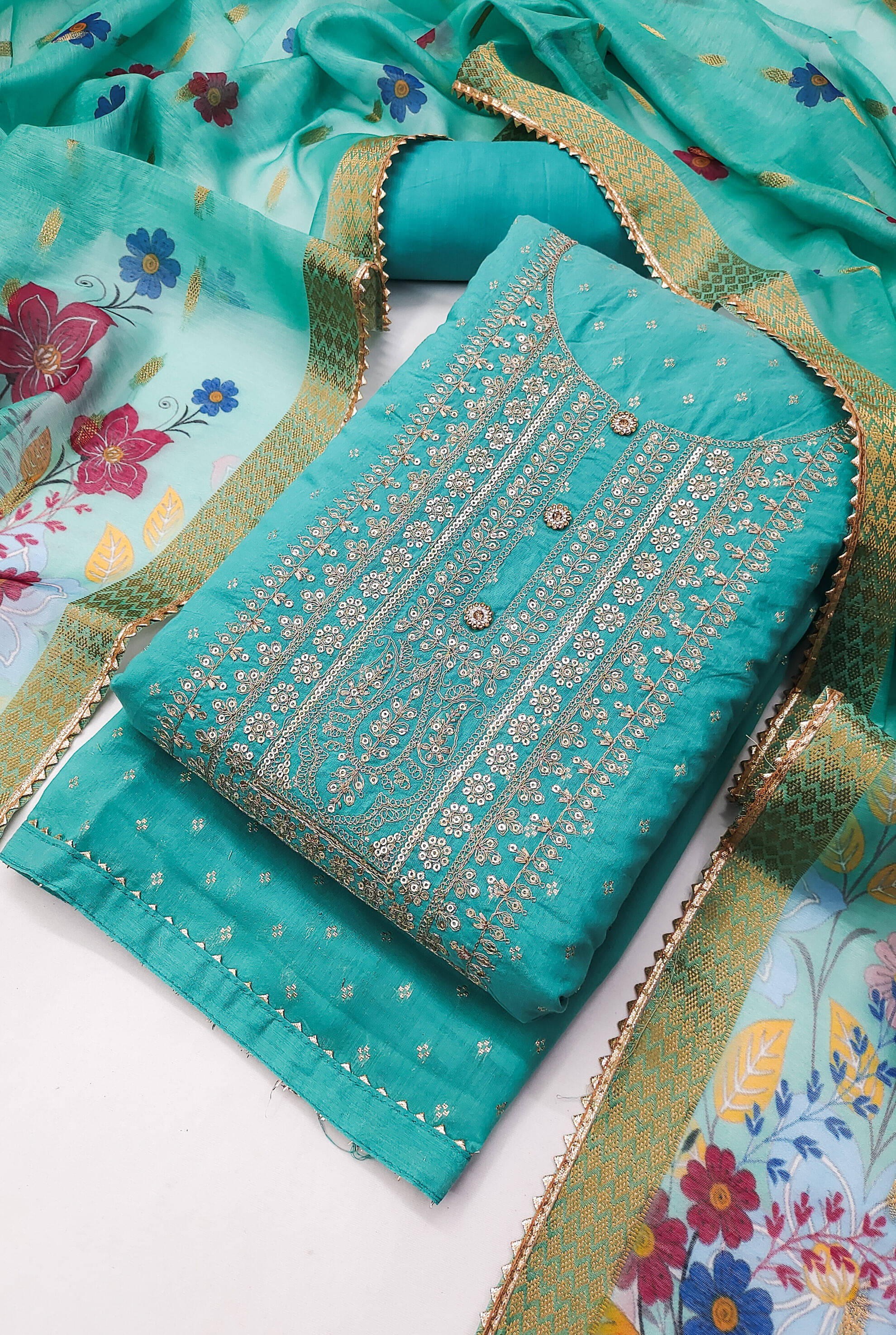 tavas Unstitched Chanderi Embellished Dress Material - Blue ( Pack of 1 ) tavas Unstitched Chanderi Embellished Dress Material - Blue ( Pack of 1 )