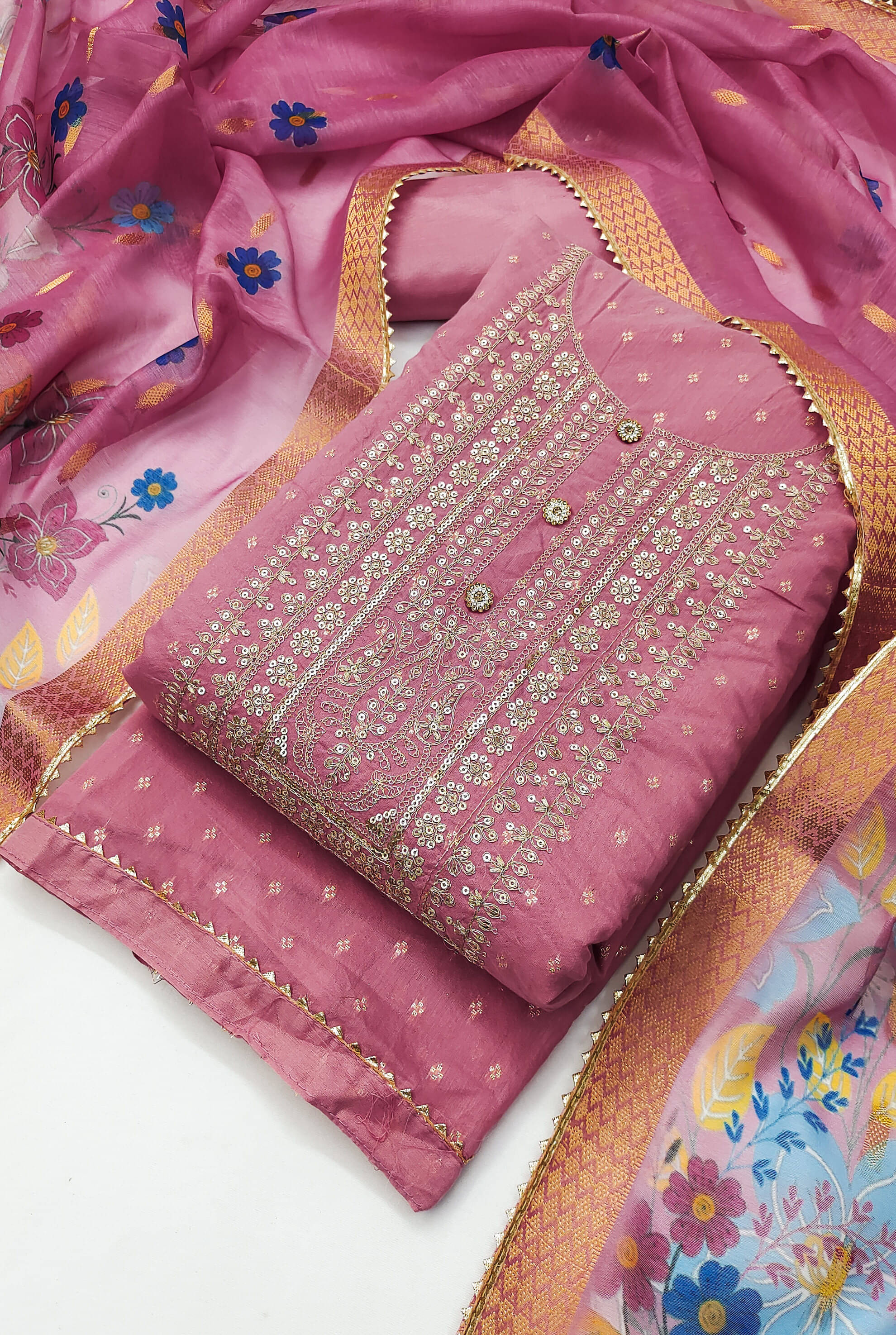     			tavas Unstitched Chanderi Embellished Dress Material - Pink ( Pack of 1 )