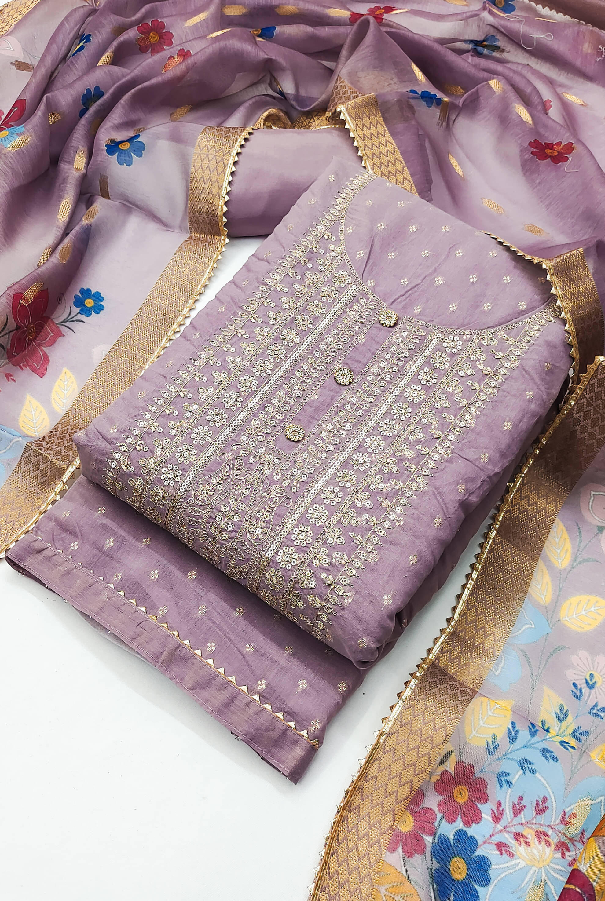     			tavas Unstitched Chanderi Embellished Dress Material - Lavender ( Pack of 1 )