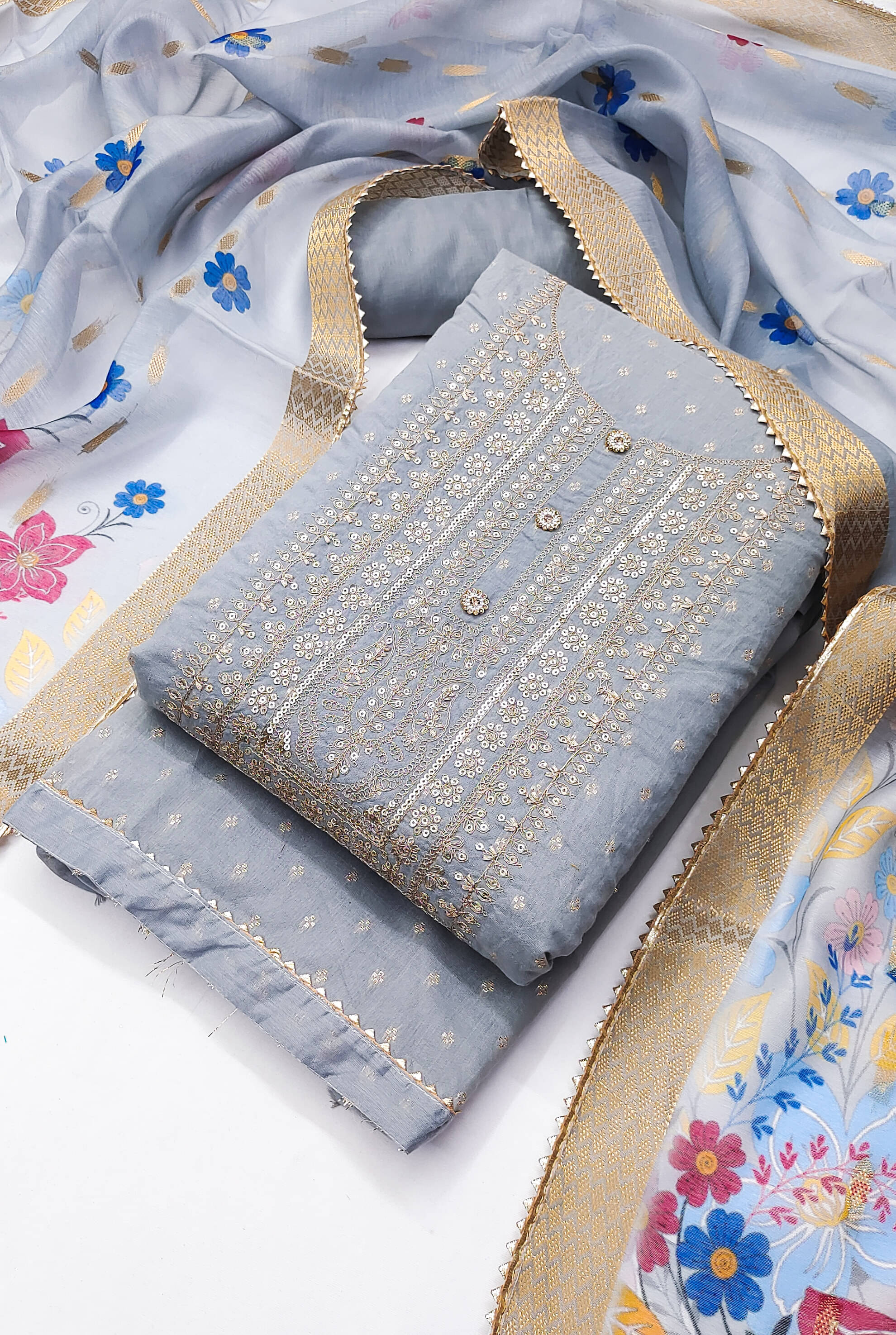     			tavas Unstitched Chanderi Embellished Dress Material - Grey ( Pack of 1 )