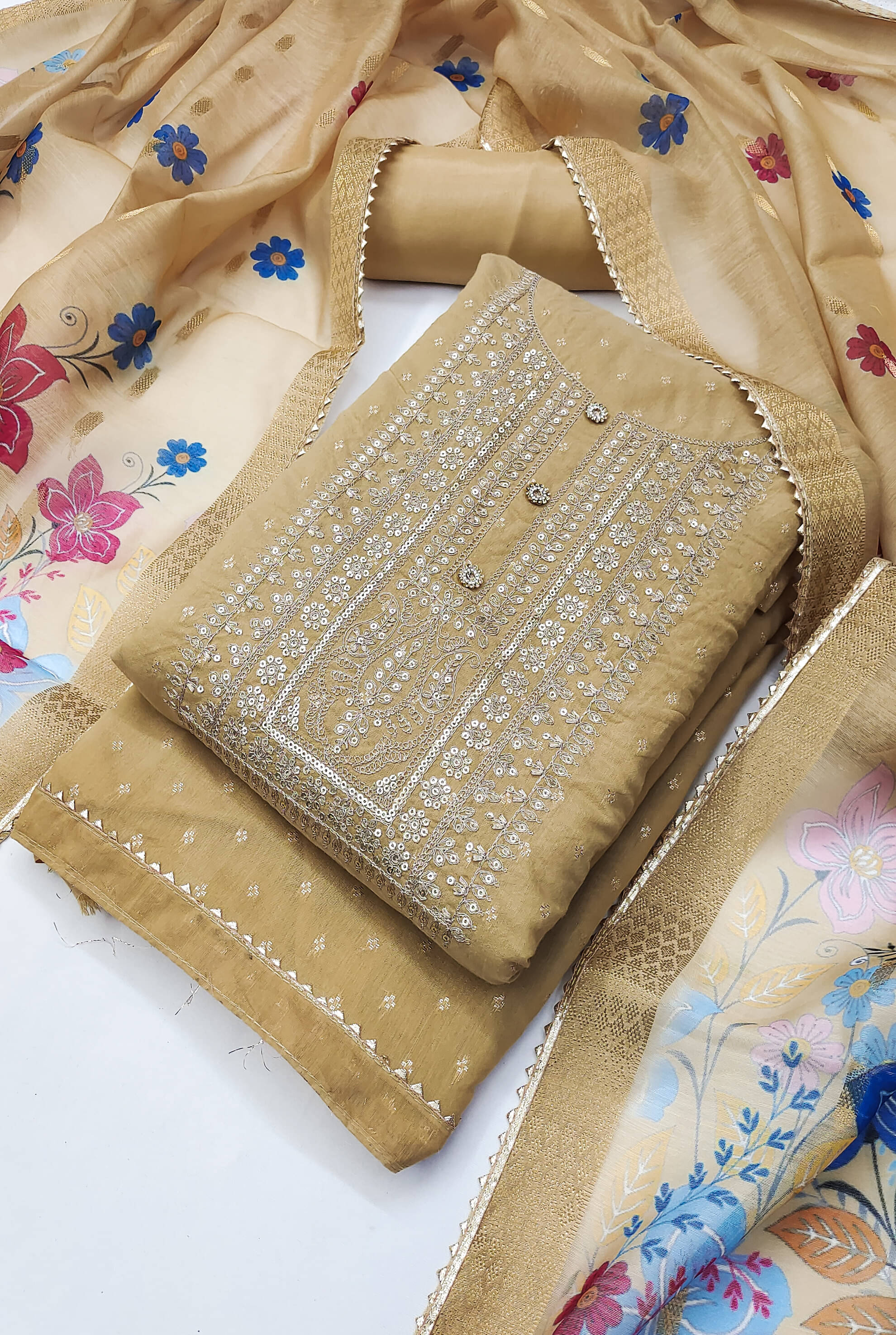 tavas Unstitched Chanderi Embellished Dress Material - Beige ( Pack of 1 ) tavas Unstitched Chanderi Embellished Dress Material - Beige ( Pack of 1 )