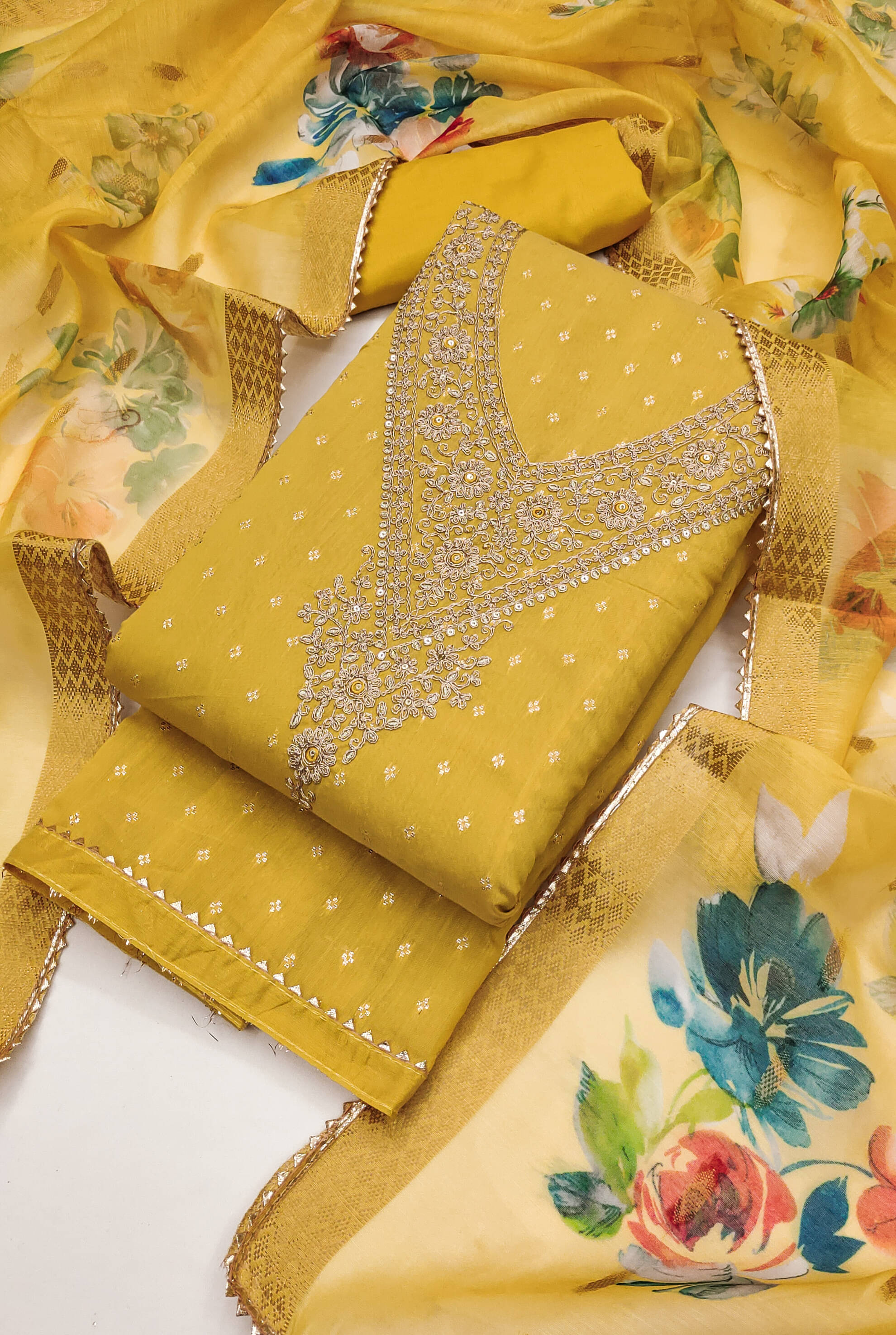    			tavas Unstitched Chanderi Embroidered Dress Material - Yellow ( Pack of 1 )