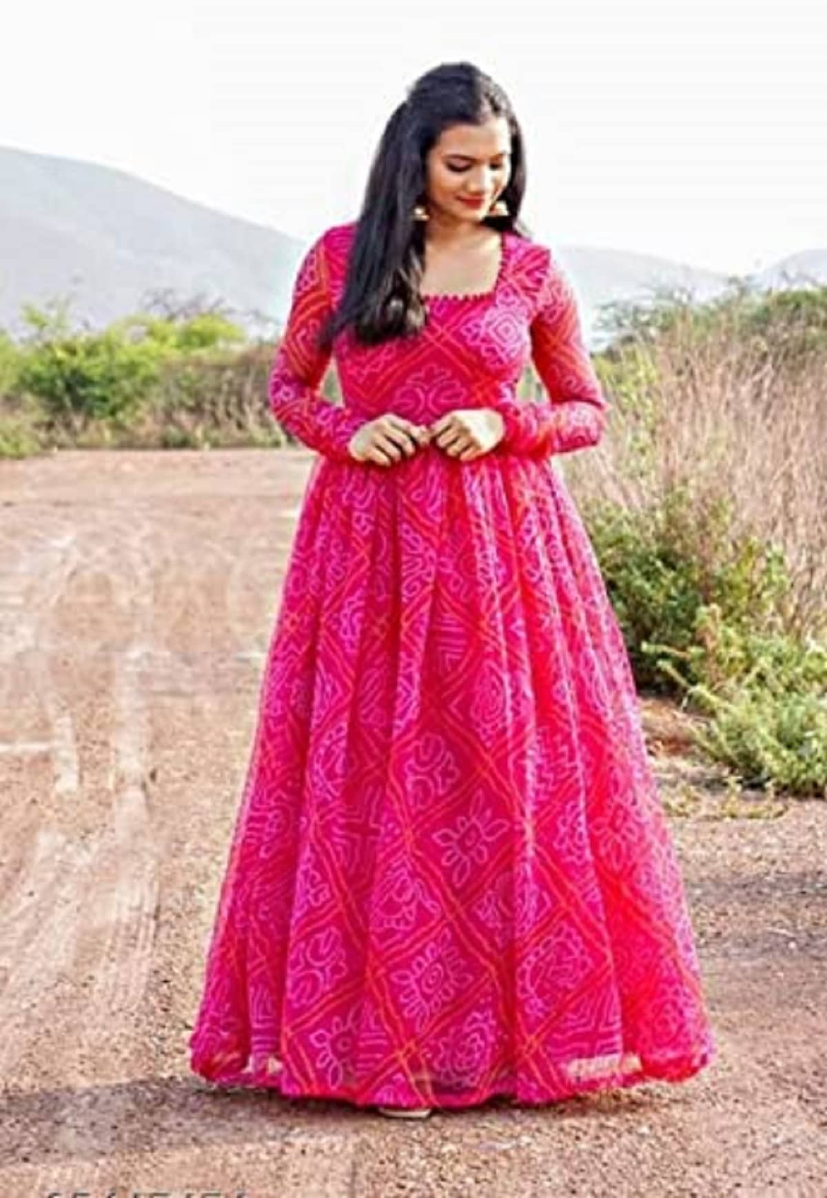 BHAGVATI ENTERPRISE Pink A-line Georgette Women's Stitched Ethnic Gown ( Pack of 1 ) - Unstitched Fabrics | Buy online on ZillyBuy