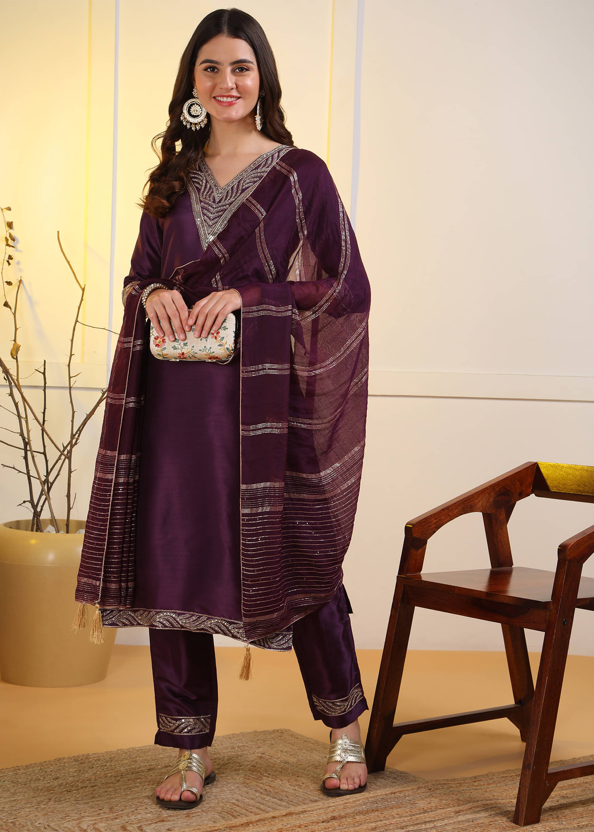 DSK STUDIO Women Silk Blend Embroidered Straight Kurti With Pants ( Wine ) DSK STUDIO Women Silk Blend Embroidered Straight Kurti With Pants ( Wine )