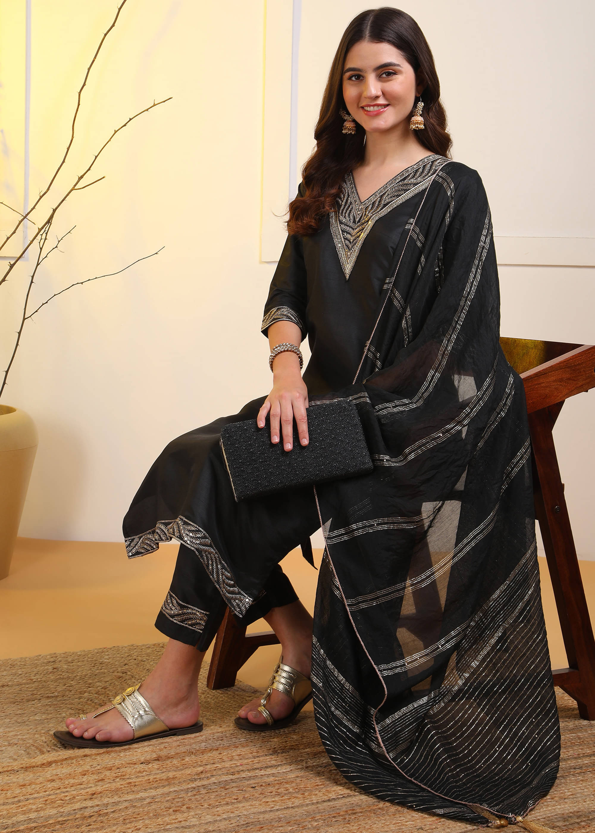     			DSK STUDIO Women Silk Blend Embroidered Straight Kurti With Pants ( Black )